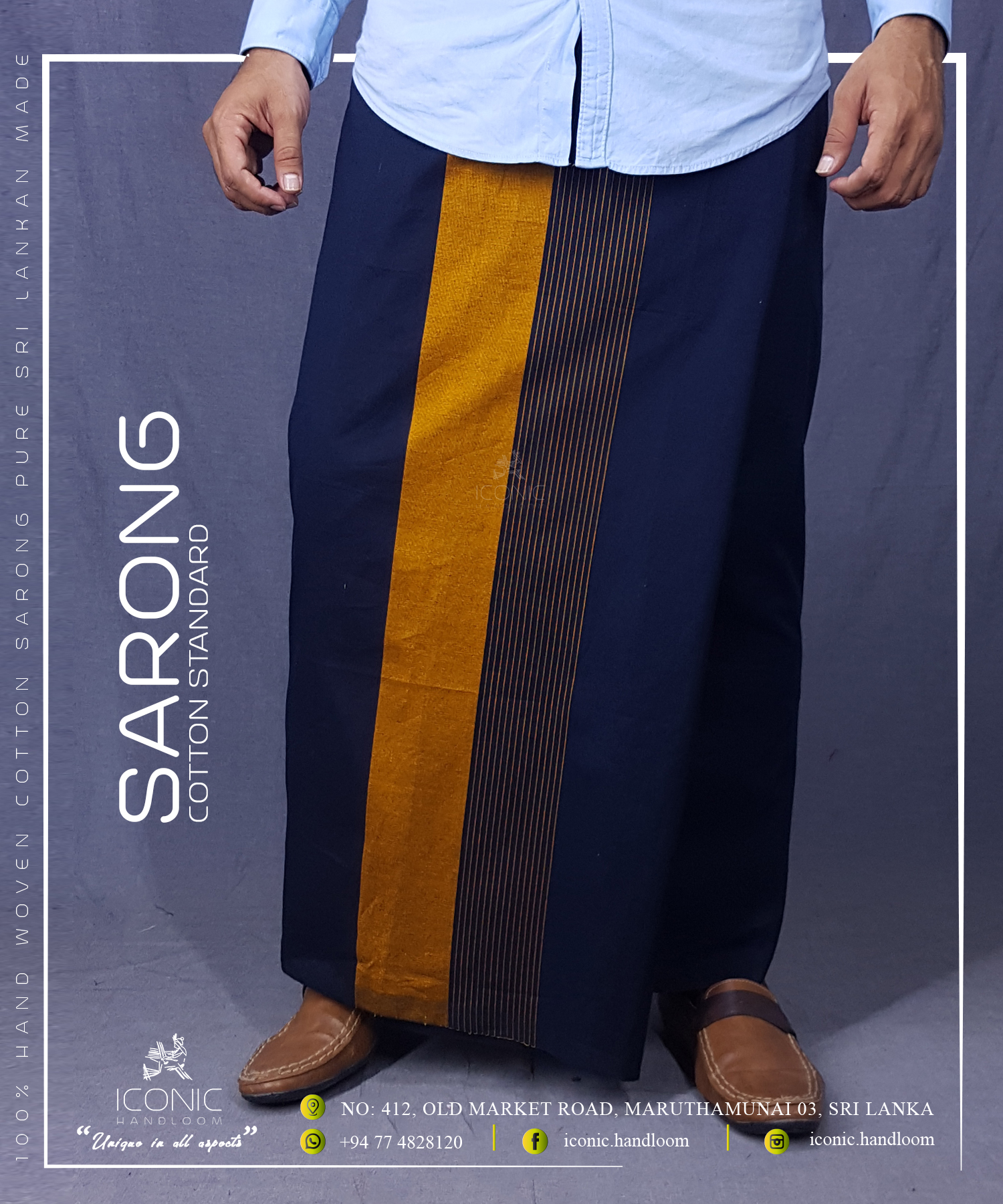 Handloom Cotton Sarong - Golden yellow stripes in Dark Blue