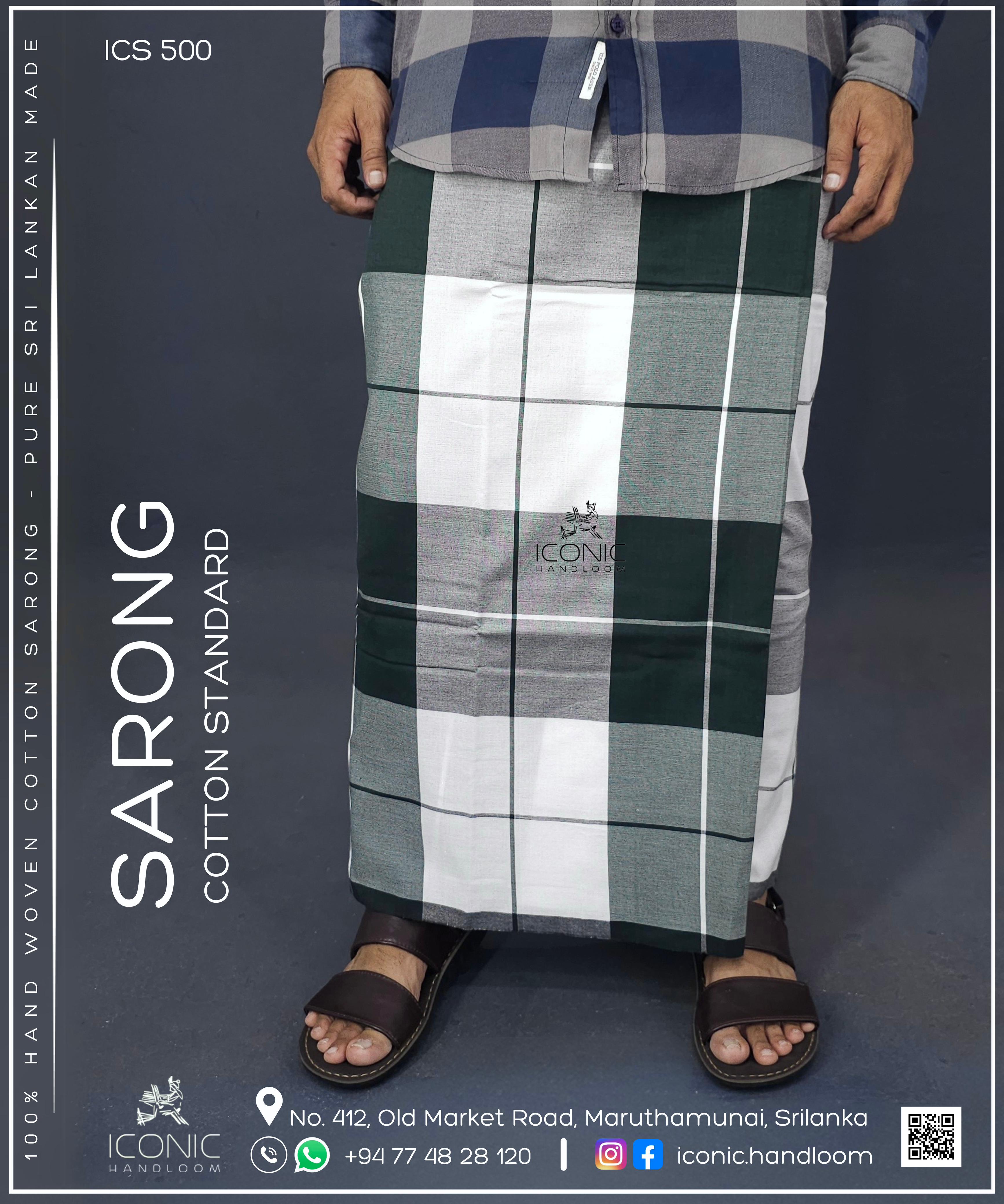 Handloom Cotton Sarong - Dark Green, White & Grey in Check Pattern