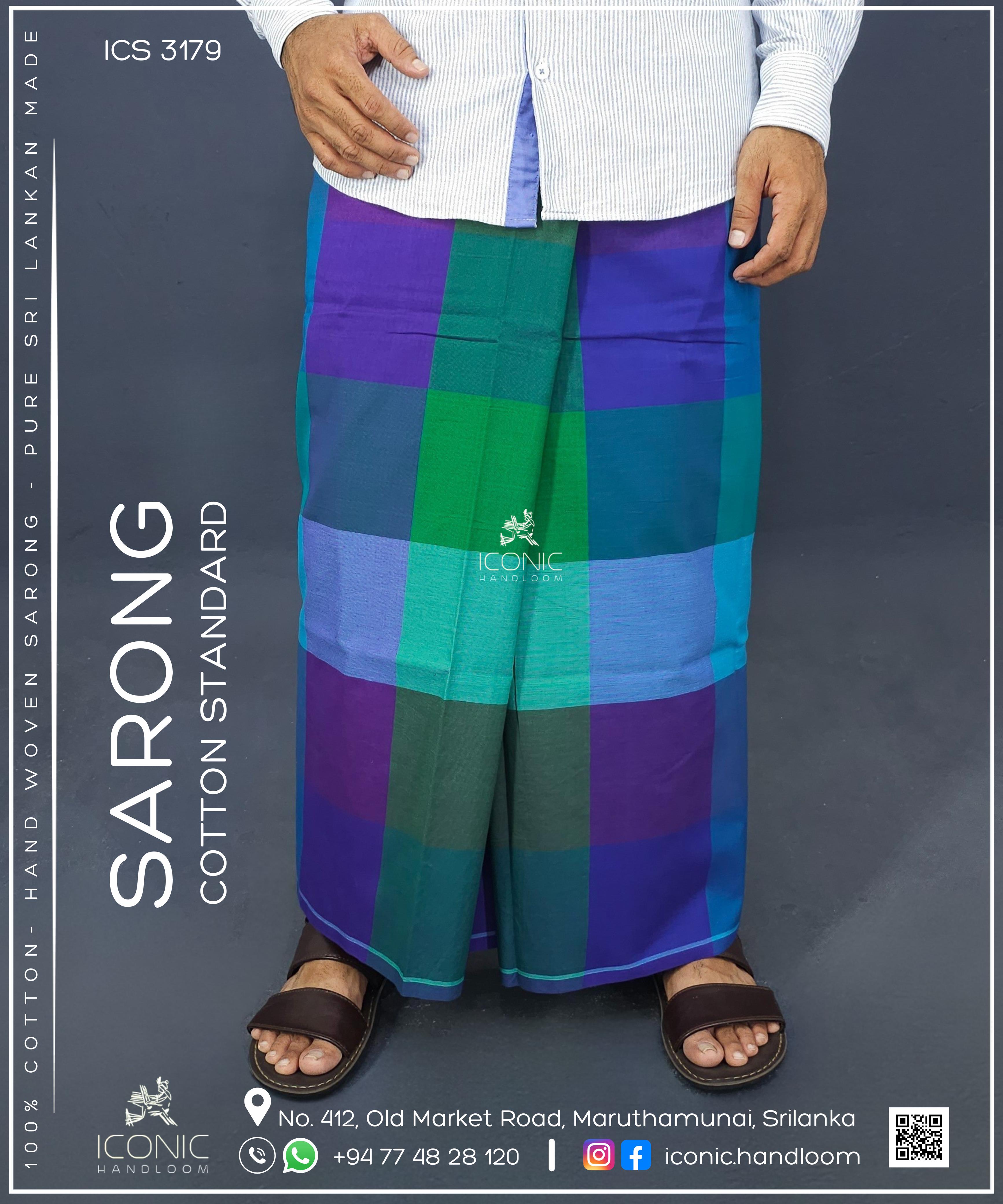 Handloom Cotton Sarong -  Deep purple, emerald green, turquoise blue, sky blue & dark navy blue in check patterns