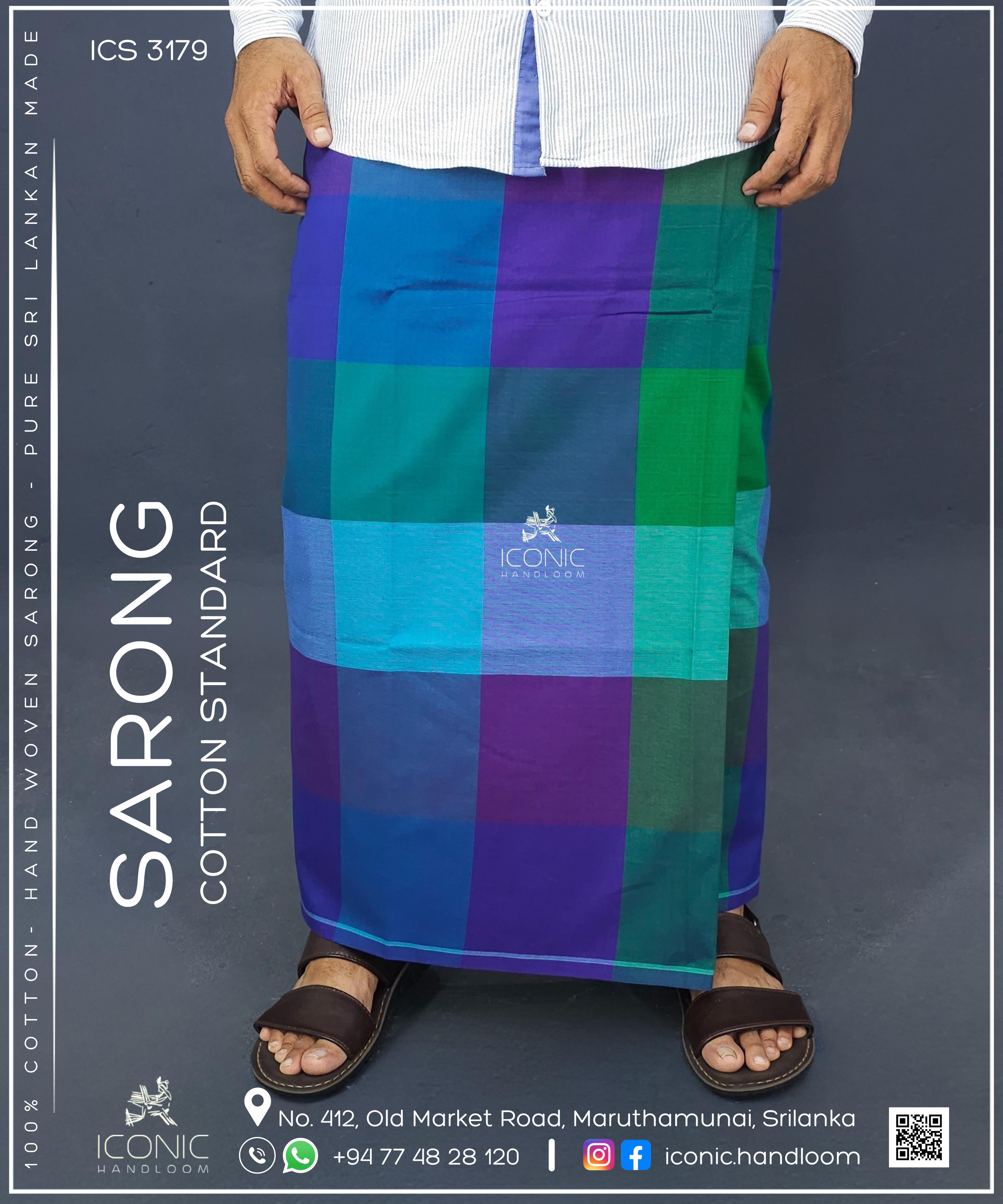 Handloom Cotton Sarong -  Deep purple, emerald green, turquoise blue, sky blue & dark navy blue in check patterns