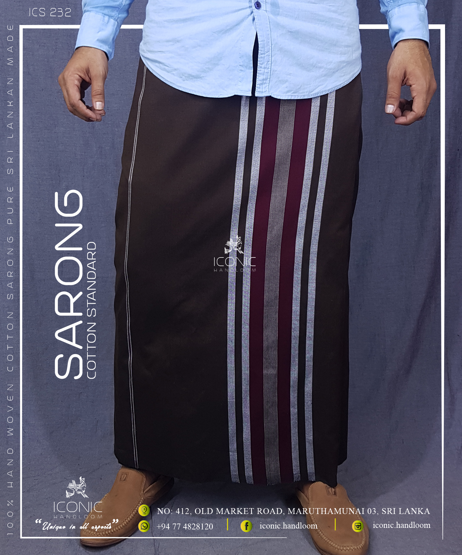 Handloom Cotton Sarong -  Silver & Maroon stripes in Dark Brown