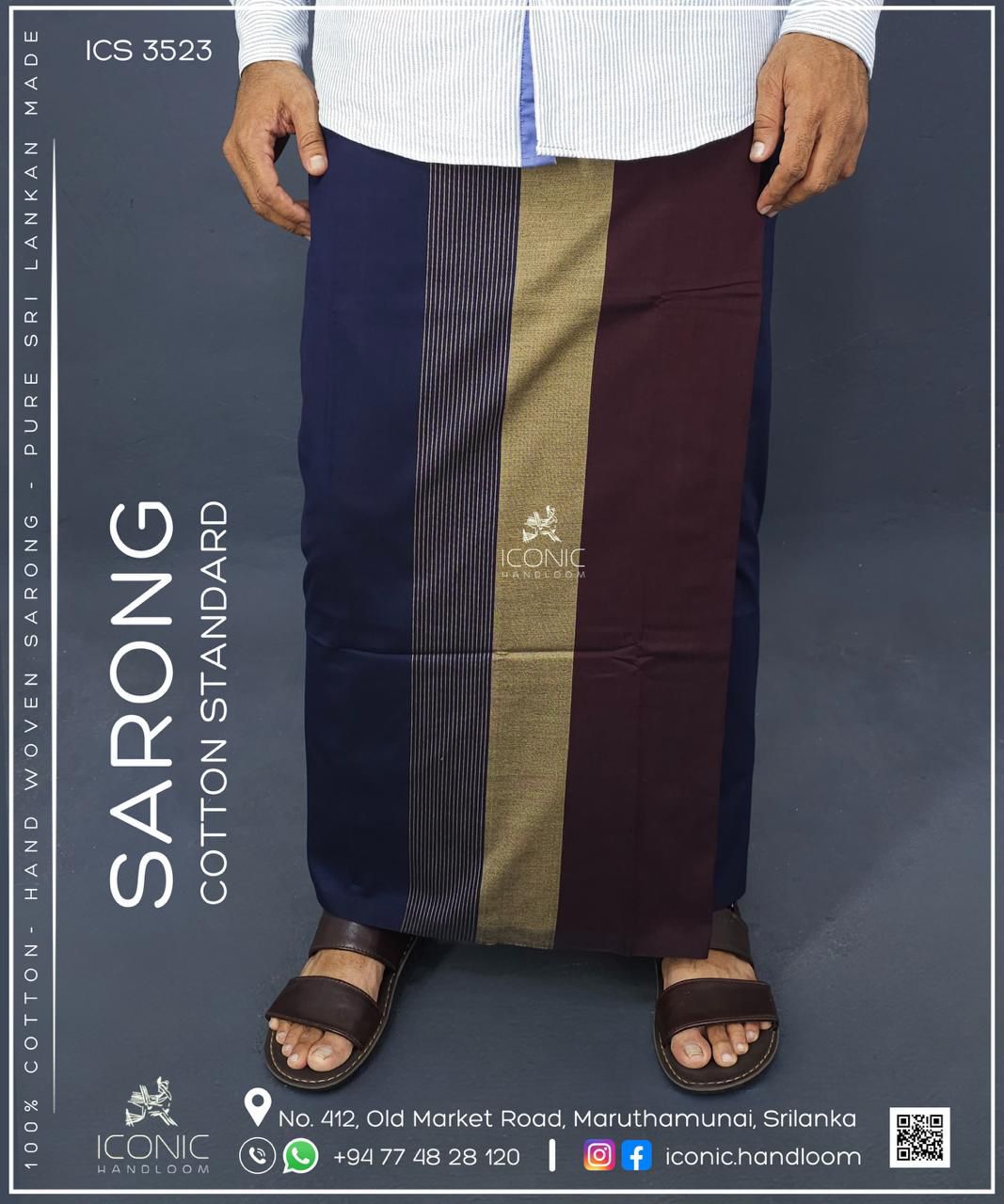Handloom Cotton Sarong -  Golden beige stripes in Dark Blue & Rich Maroon