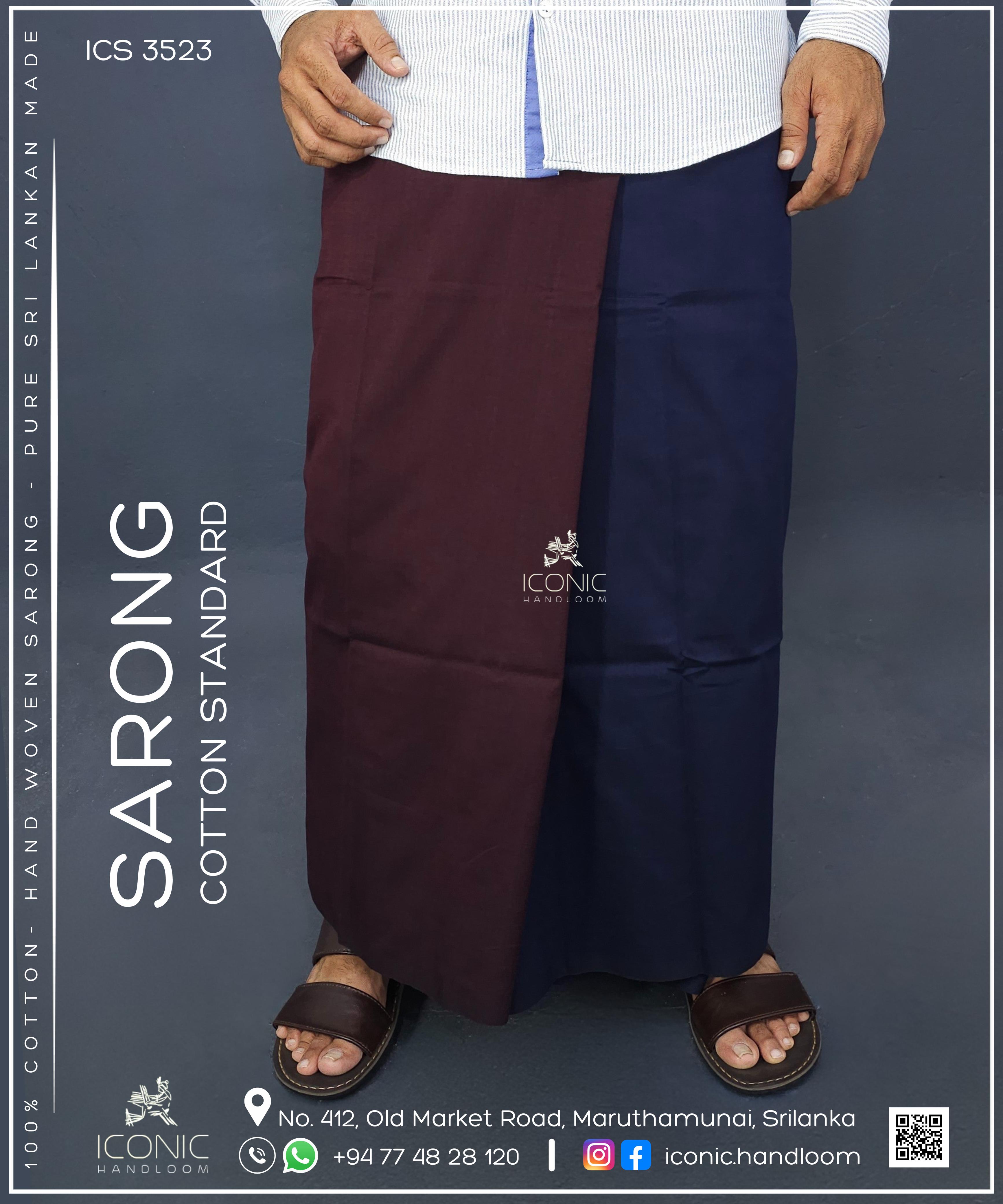Handloom Cotton Sarong -  Golden beige stripes in Dark Blue & Rich Maroon