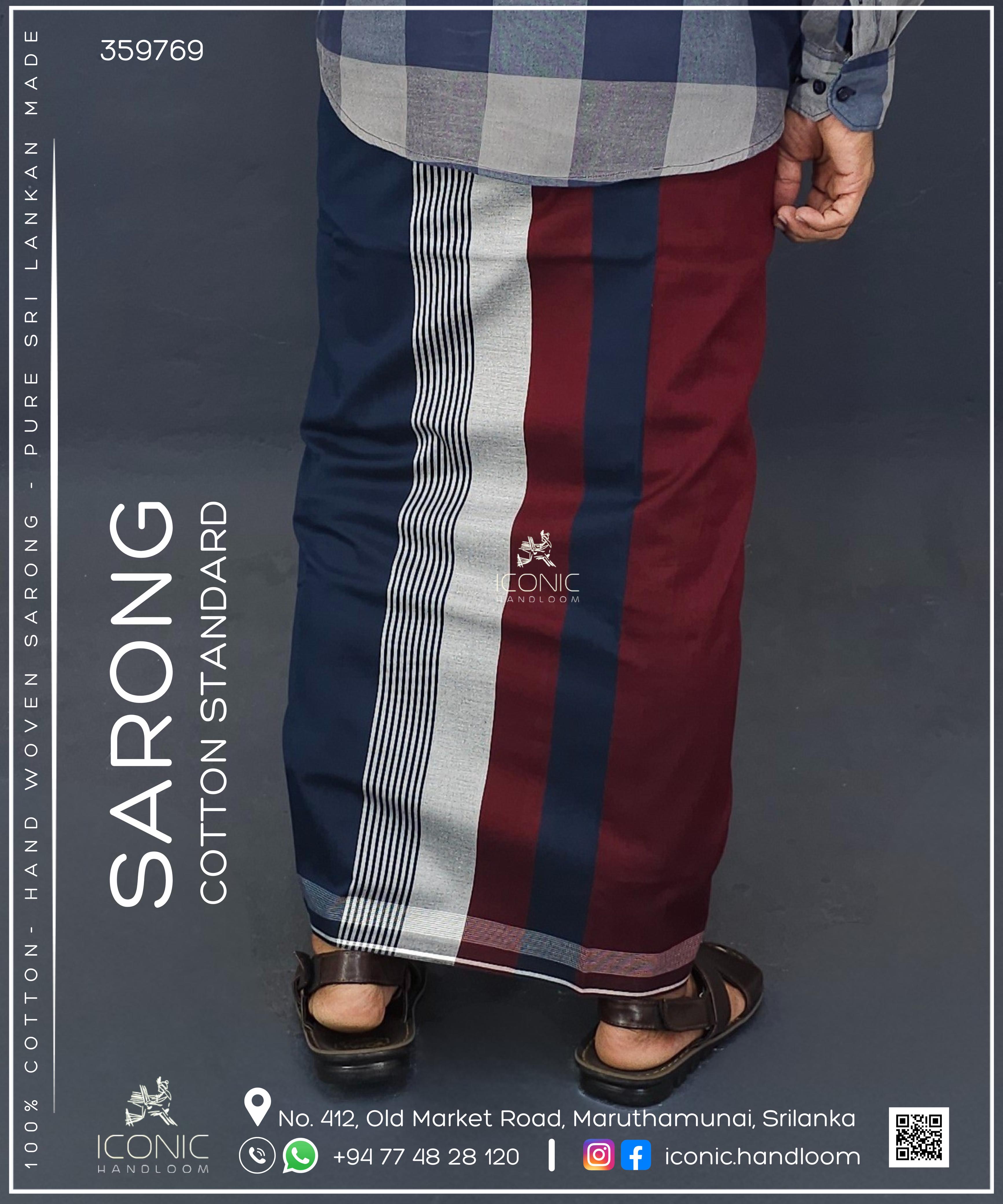 Handloom Cotton Sarong -  Silver stripes in Dark Blue & Rich Maroon with Silver bottom border