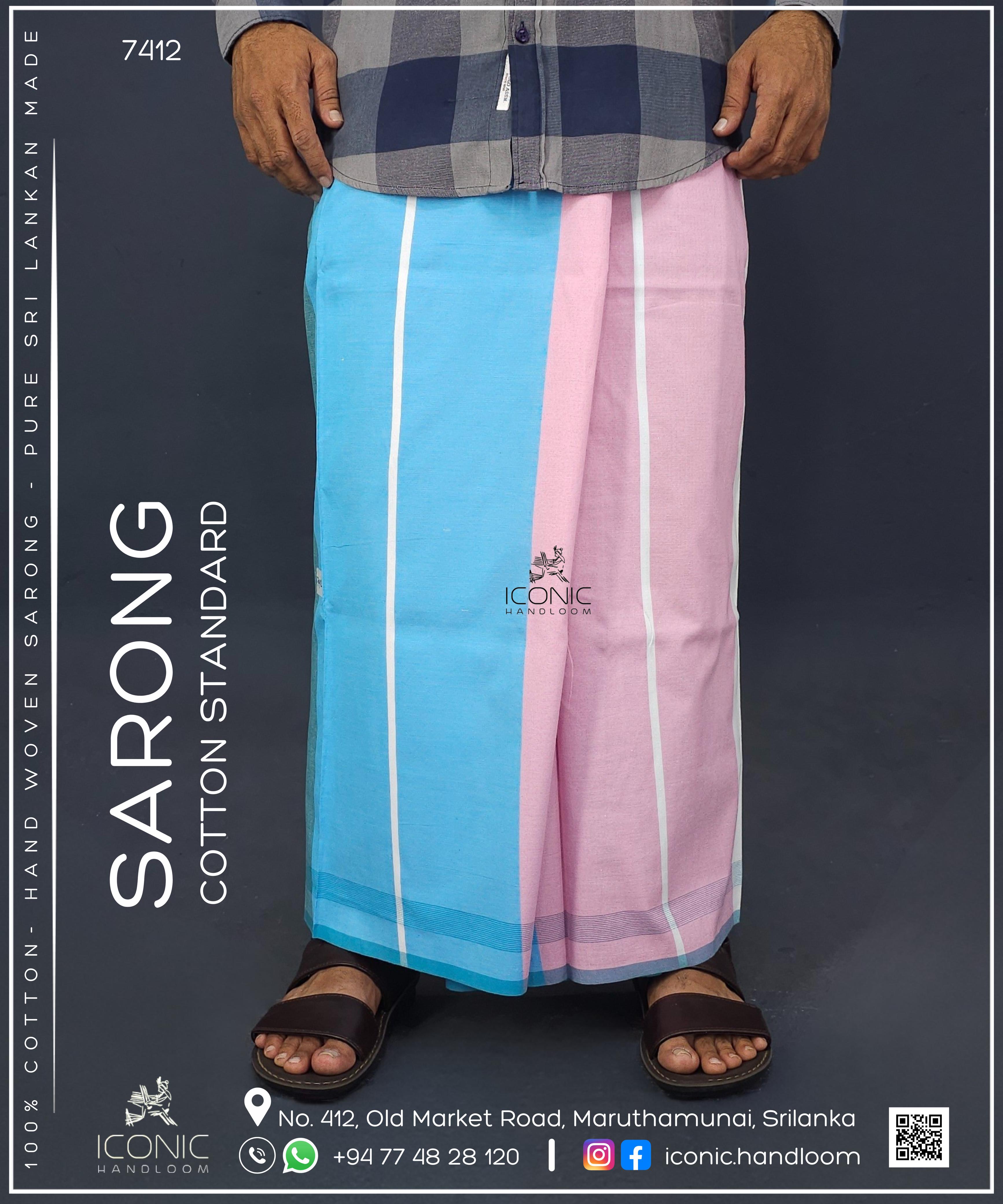 Handloom Cotton Sarong - Sky Blue, Baby Pink, Teal Green & White with Sea Blue bottom border