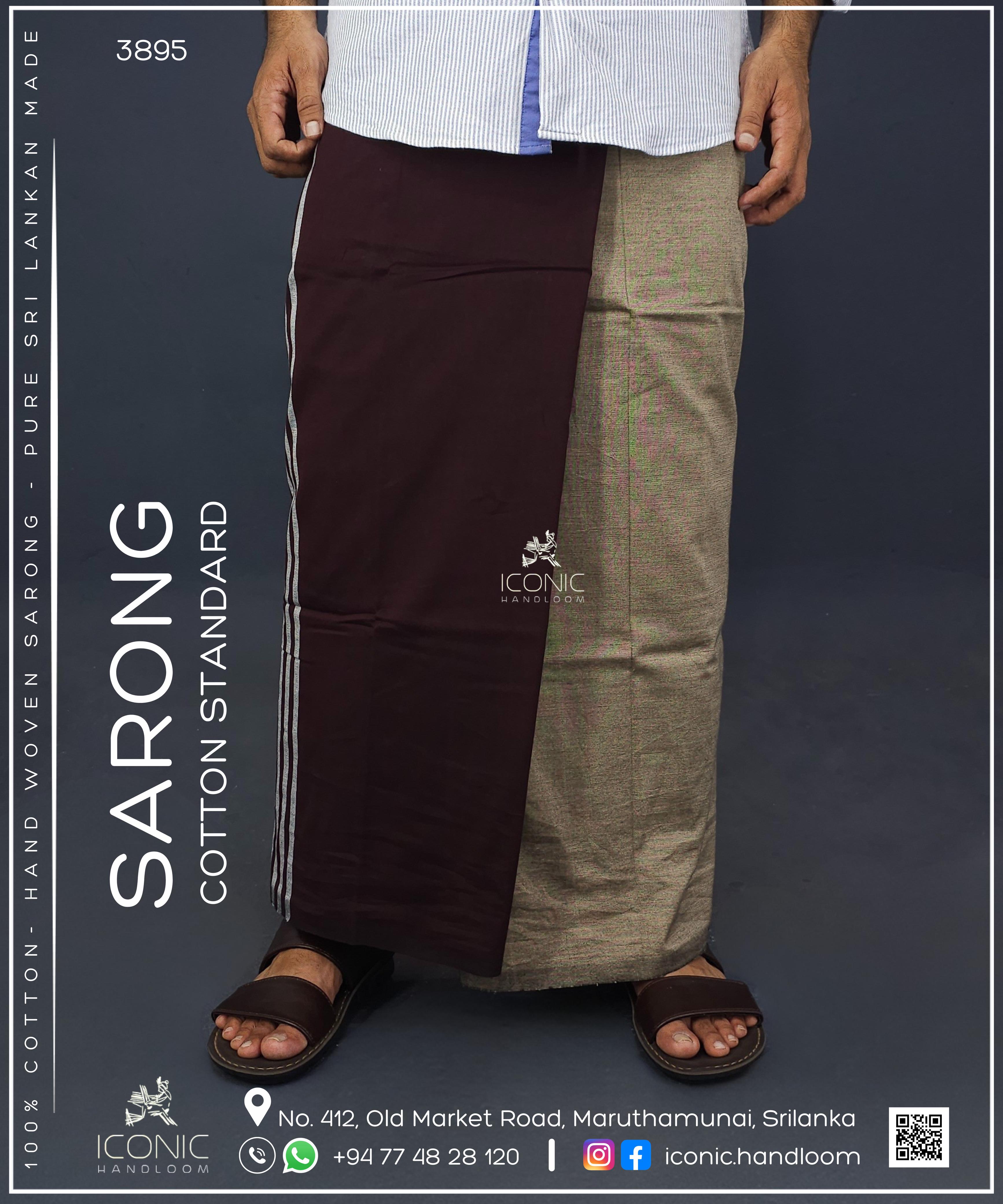 Handloom Cotton Sarong - Silver stripes in Dark Maroon with Beige & Dark Blue