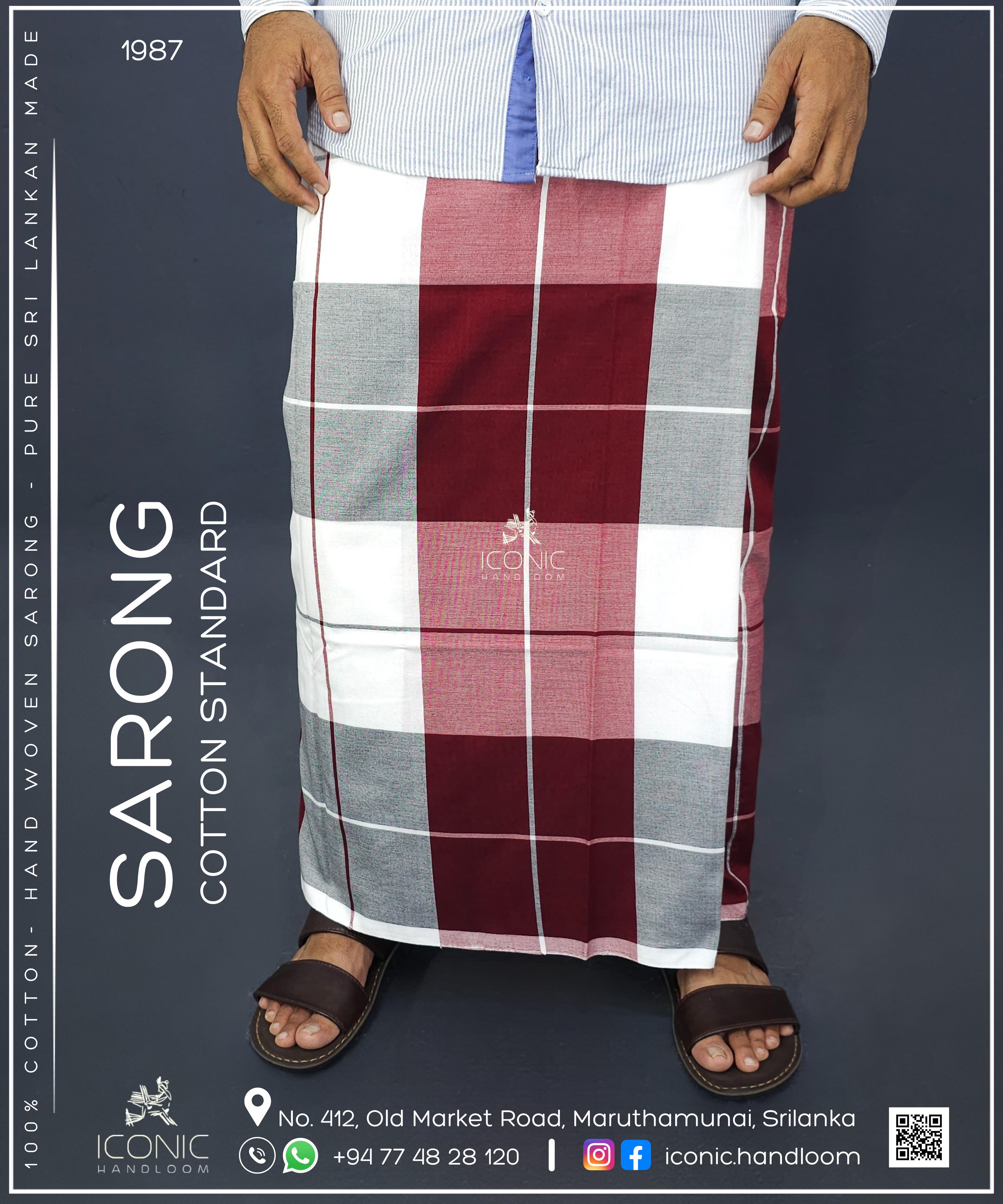 Handloom Cotton Sarong -  Maroon, White, Light Grey, Dark Grey & Light Red, accented with Red pinstripes in Checkered pattern.