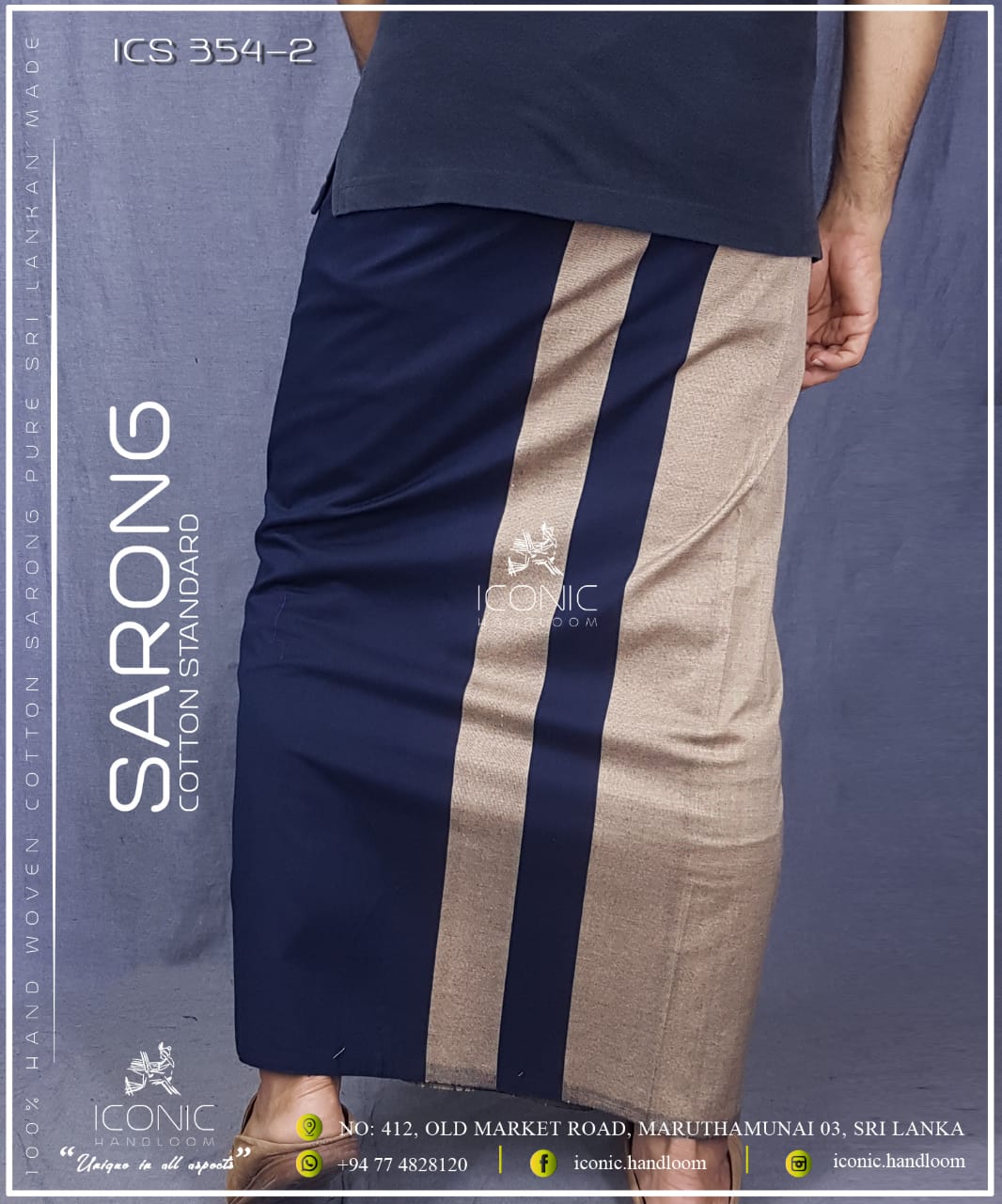 Handloom Cotton Sarong -  Beige & Dark Blue 354