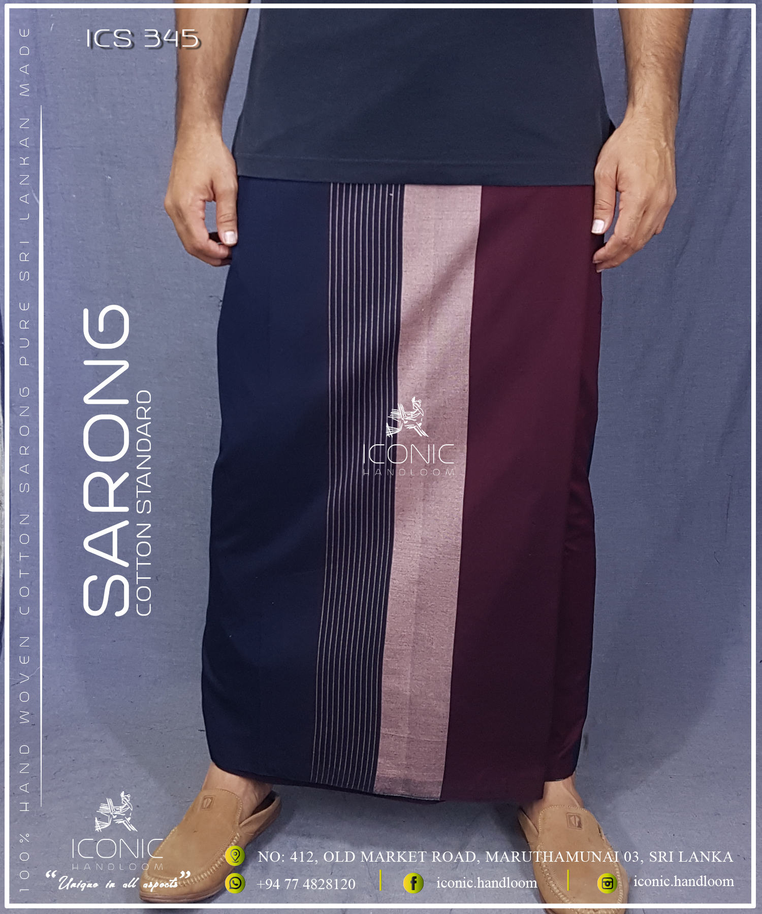 Handloom Cotton Sarong -  Light Peach with Deep Maroon & Dark Blue