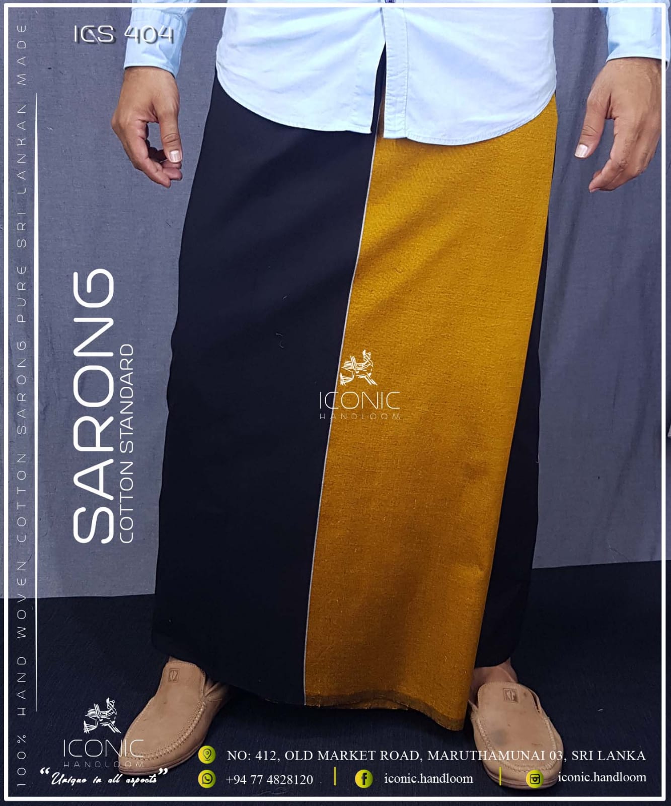 Handloom Cotton Sarong - Silver stripe in Black & Golden Yellow