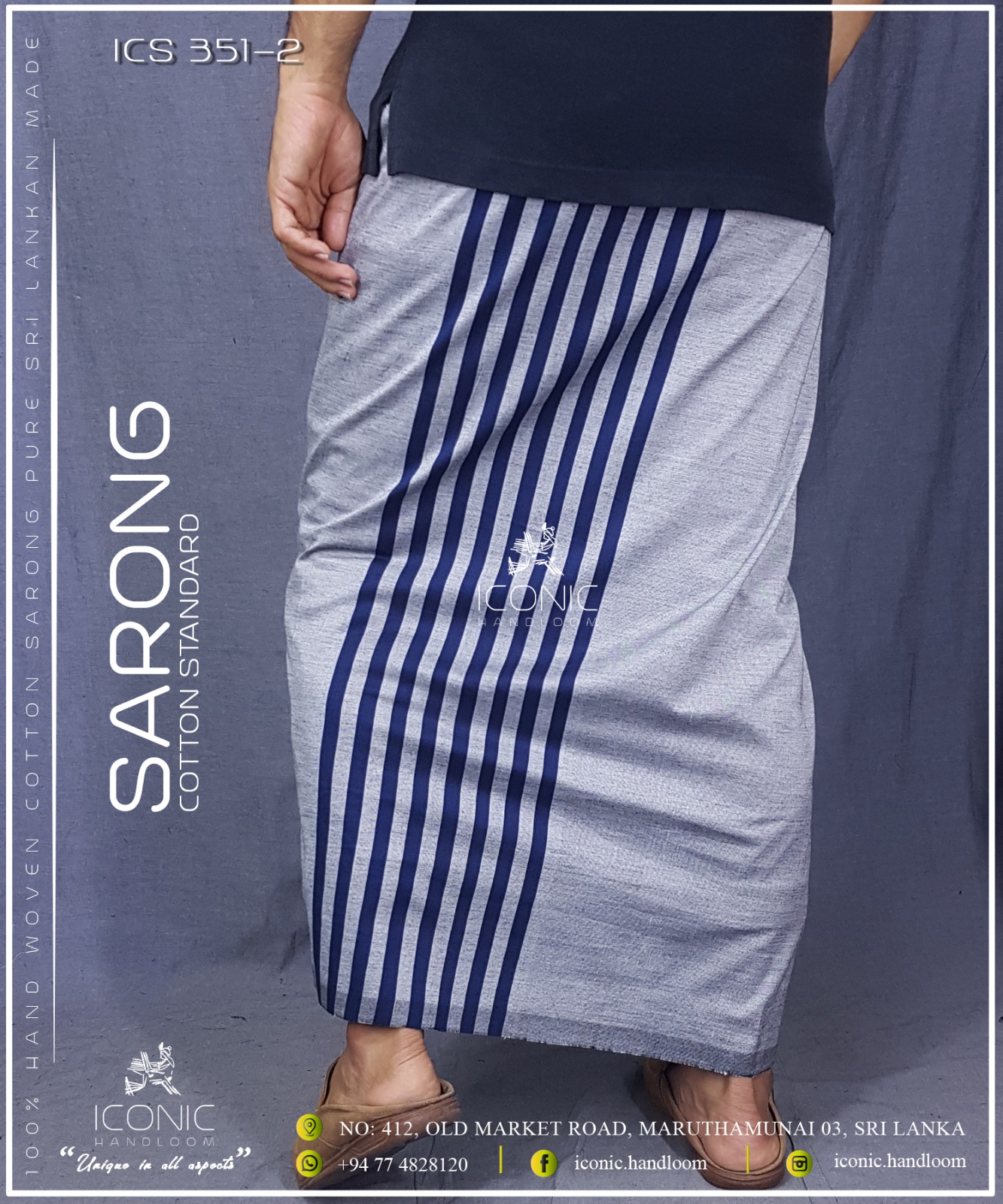 Handloom Cotton Sarong - Silver with Dark Blue stripes