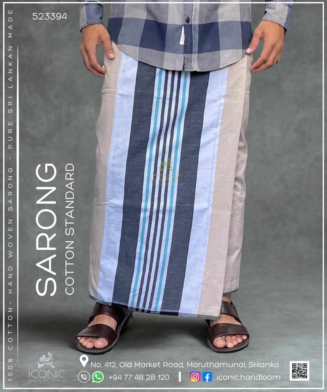 Handloom Cotton Sarong -  Cyan, Light Grey & Charcoal Grey stripes in Beige with Grey bottom border