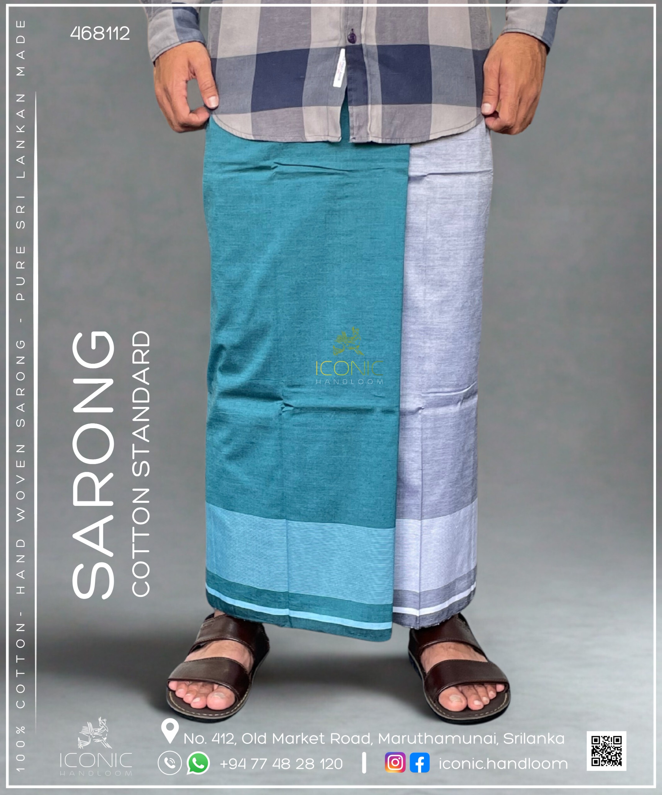 Handloom Cotton Sarong -  Two Tone -  Silver & Sea Blue with White & Light Blue bottom border