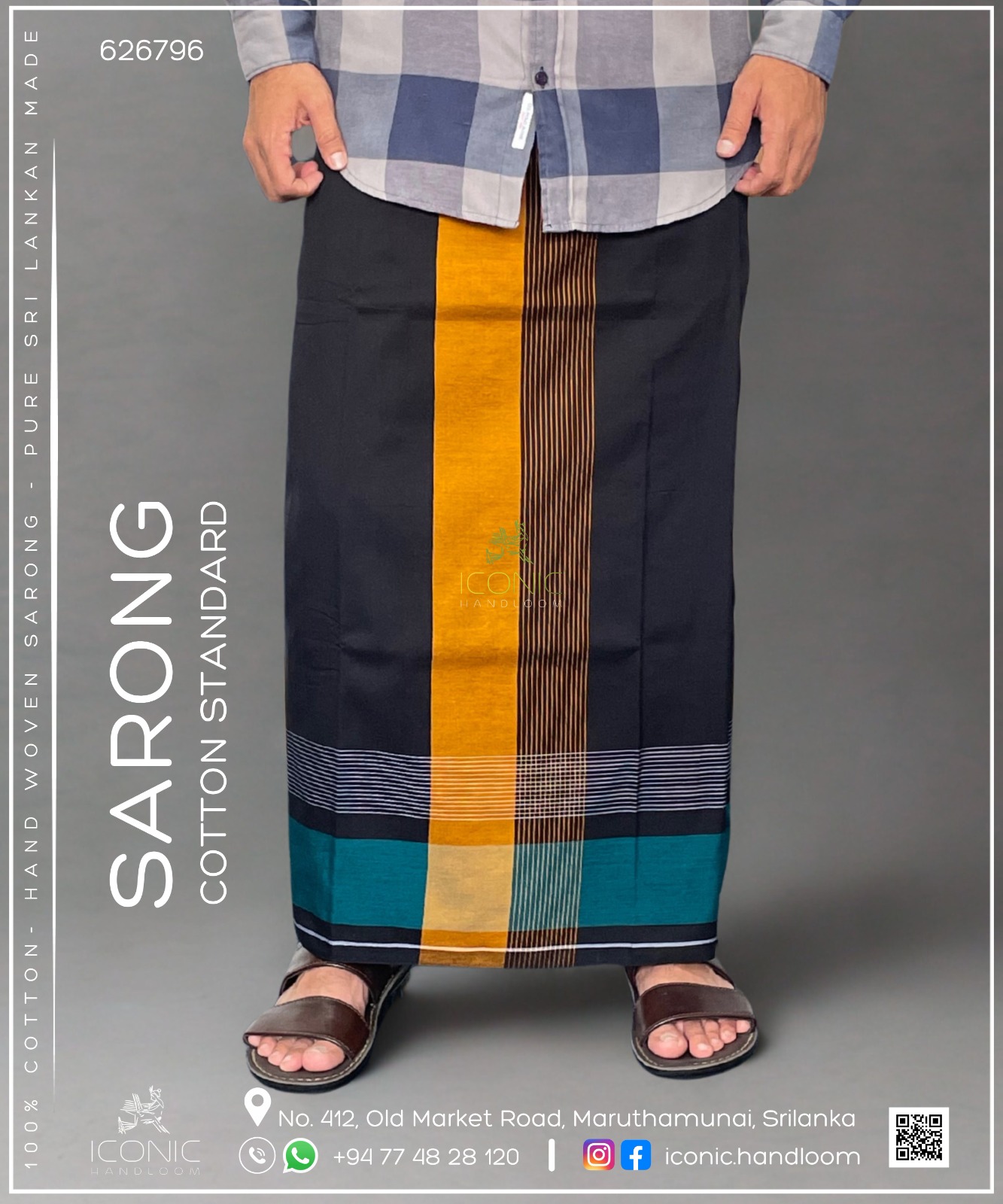 Handloom Cotton Sarong - Black, Golden Yellow,  Silver & Teal Blue 626796