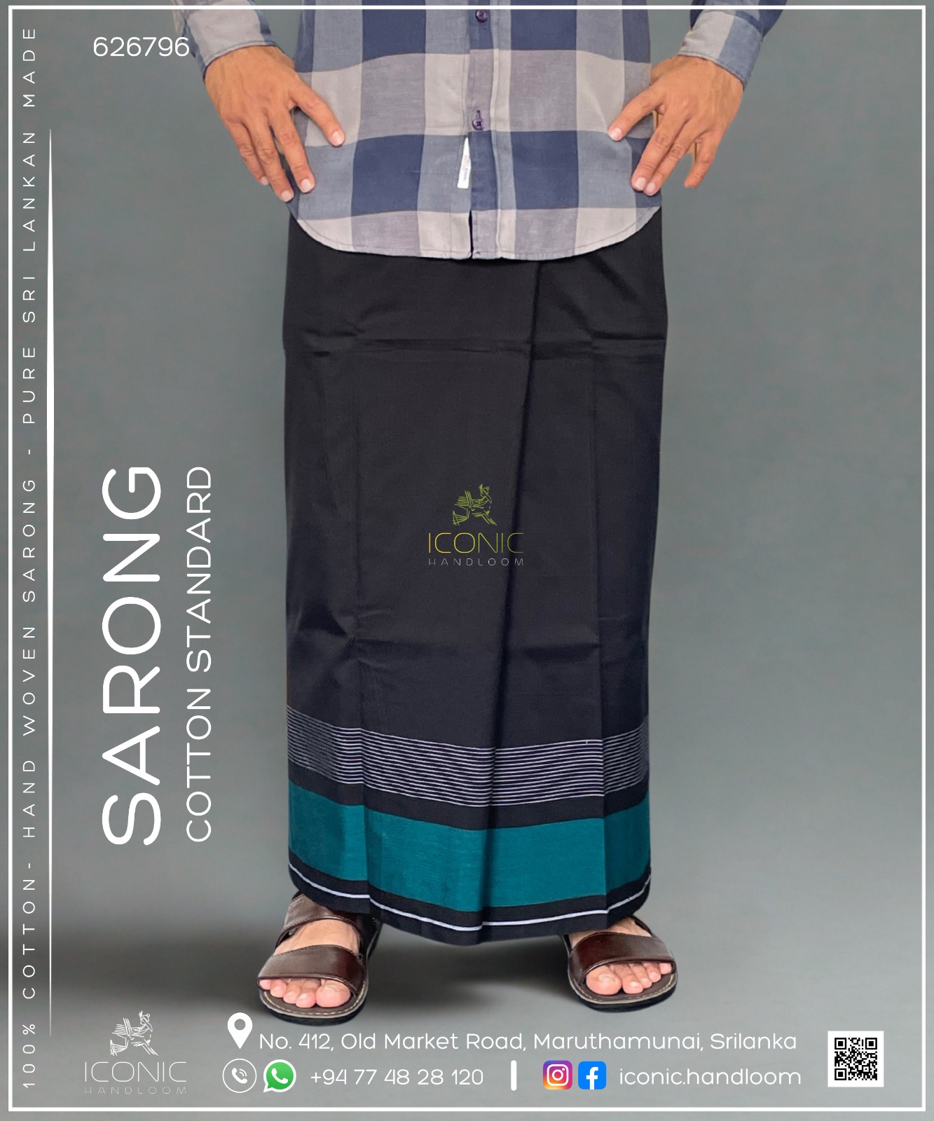 Handloom Cotton Sarong - Black, Golden Yellow,  Silver & Teal Blue 626796