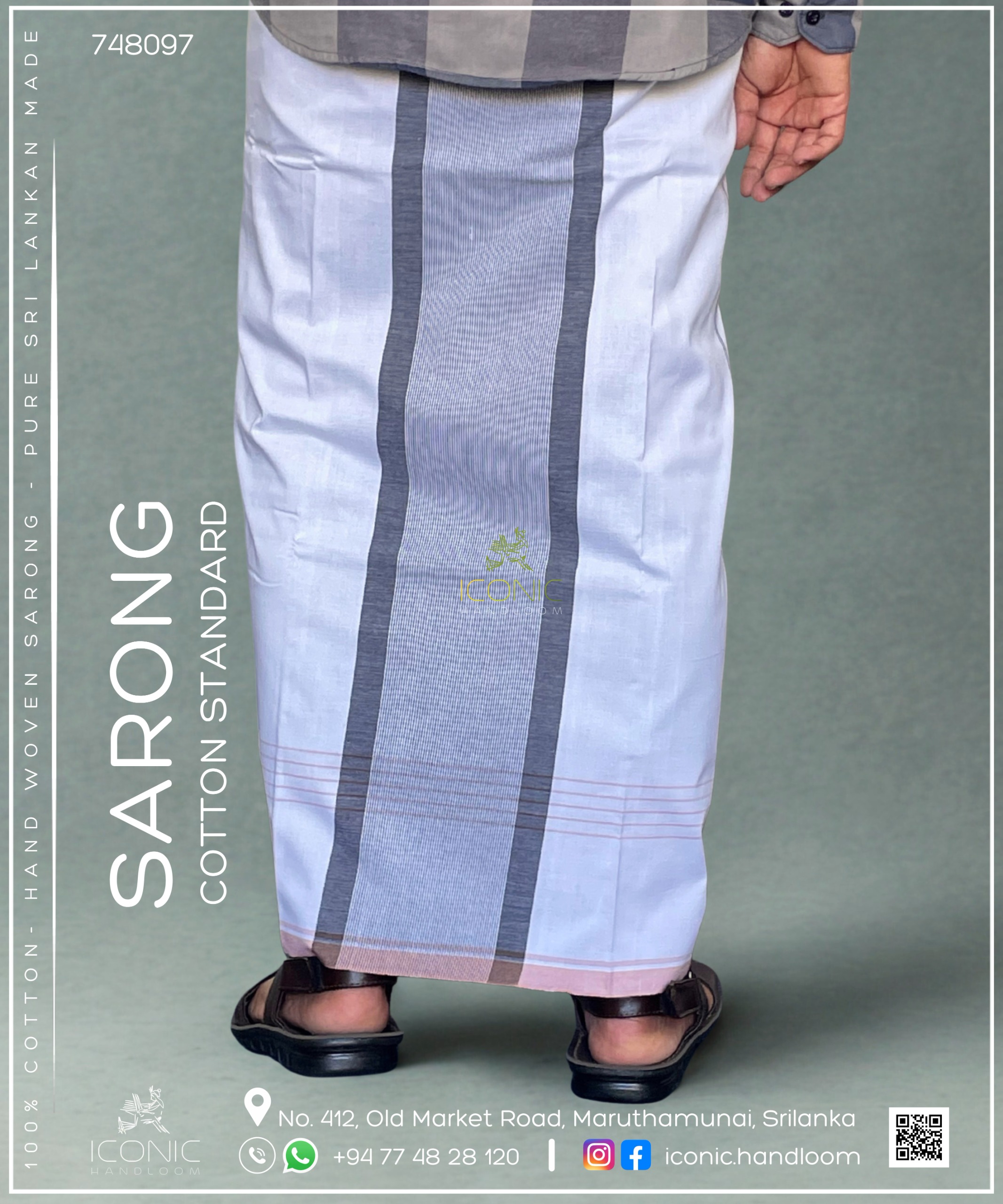 Handloom Cotton Sarong-  White with Charcoal Grey & Light Peach 748097