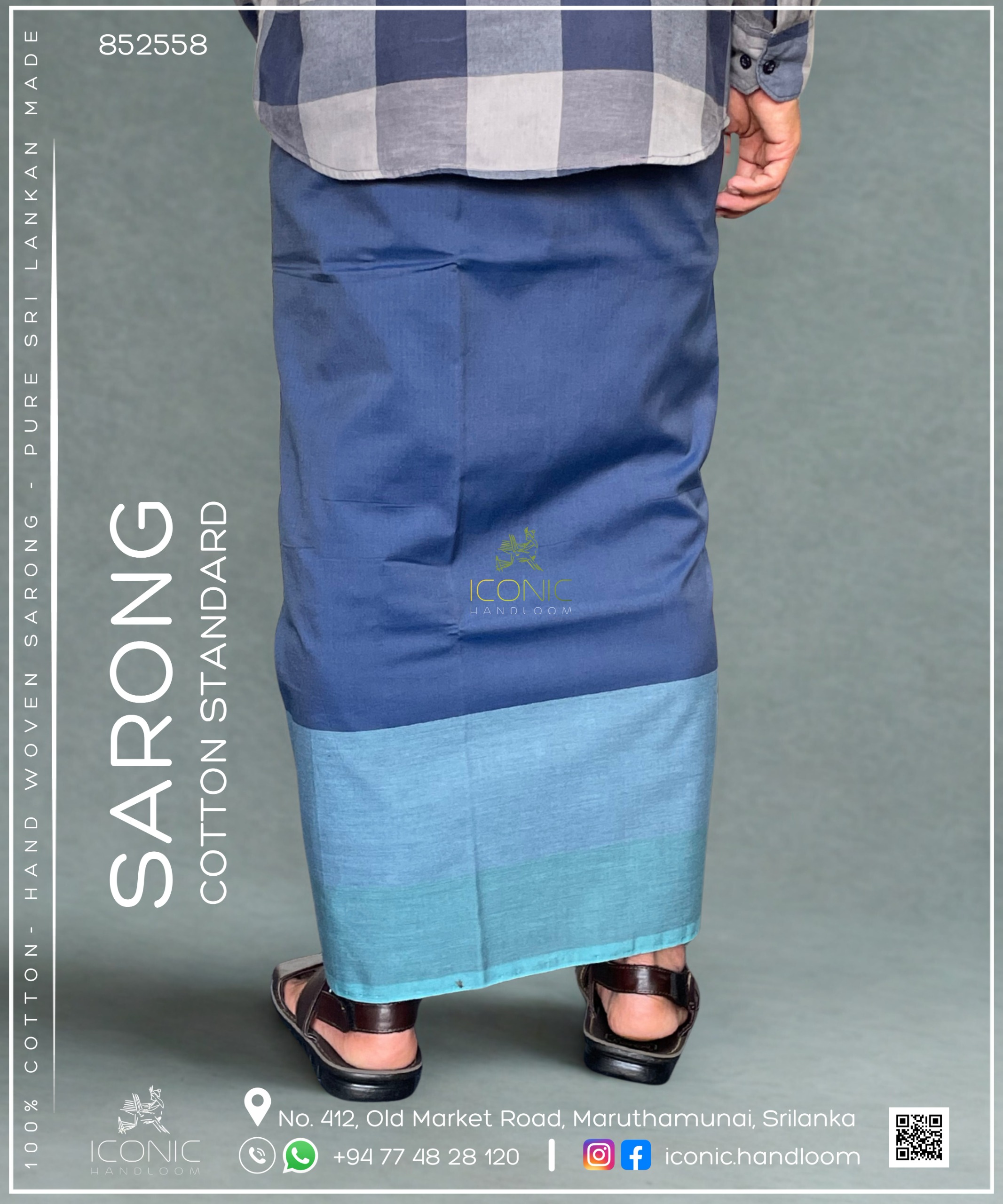 Handloom Cotton Sarong - Bright Slate Blue with Teal Blue Border