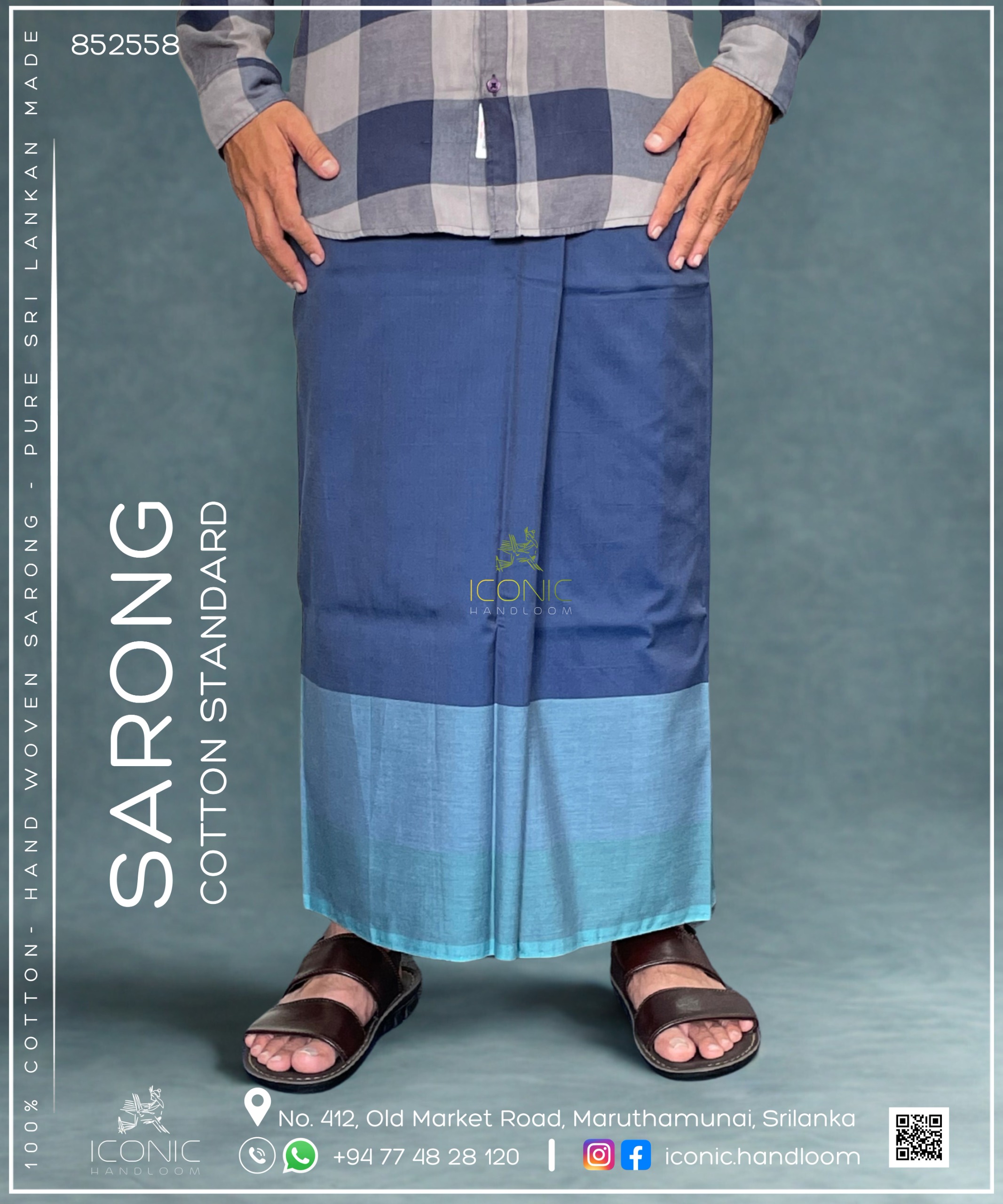 Handloom Cotton Sarong - Bright Slate Blue with Teal Blue Border