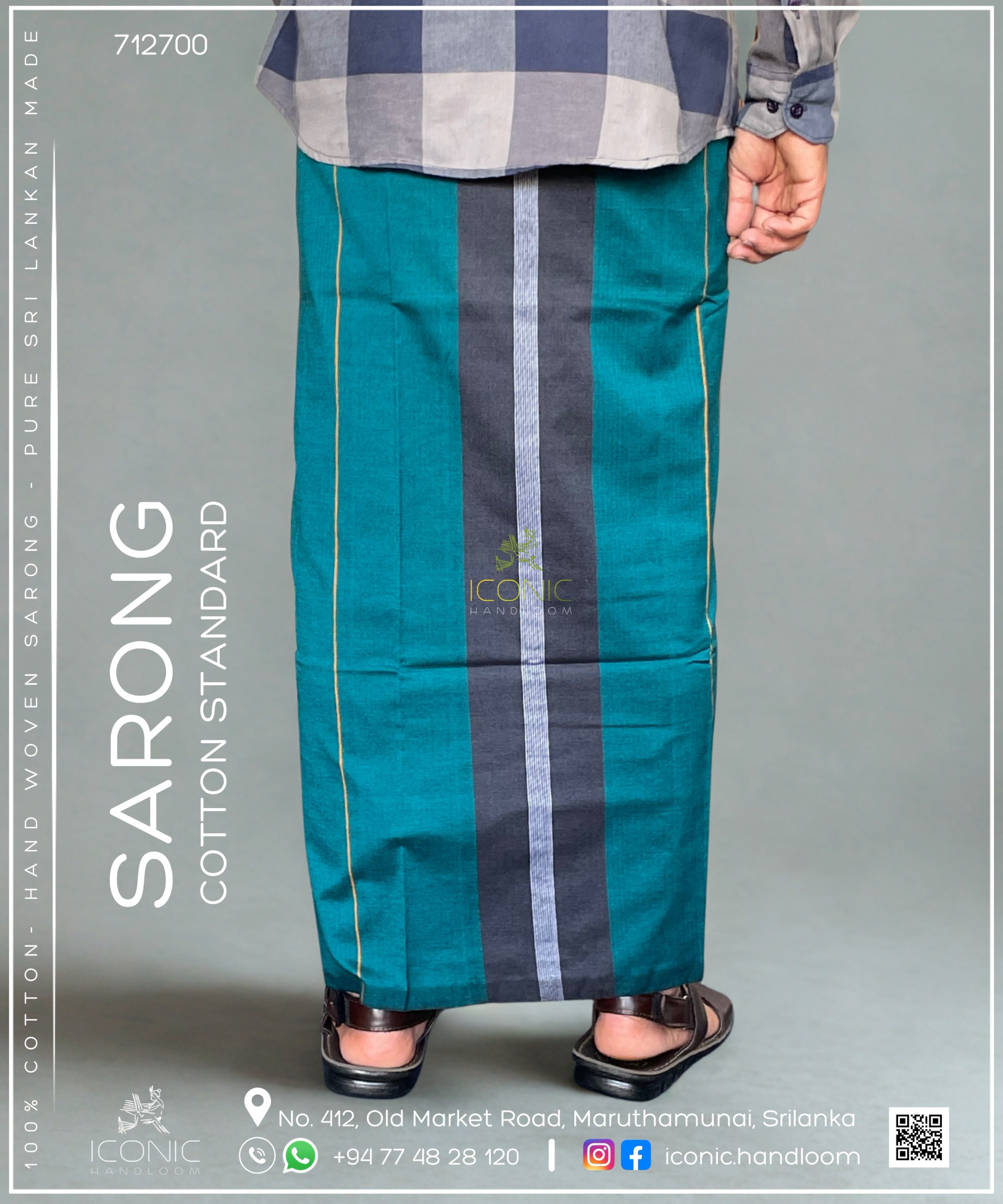Handloom Cotton Sarong -  Silver & Golden Yellow stripes with Dark Grey, Peacock Green, Dark Blue & Black