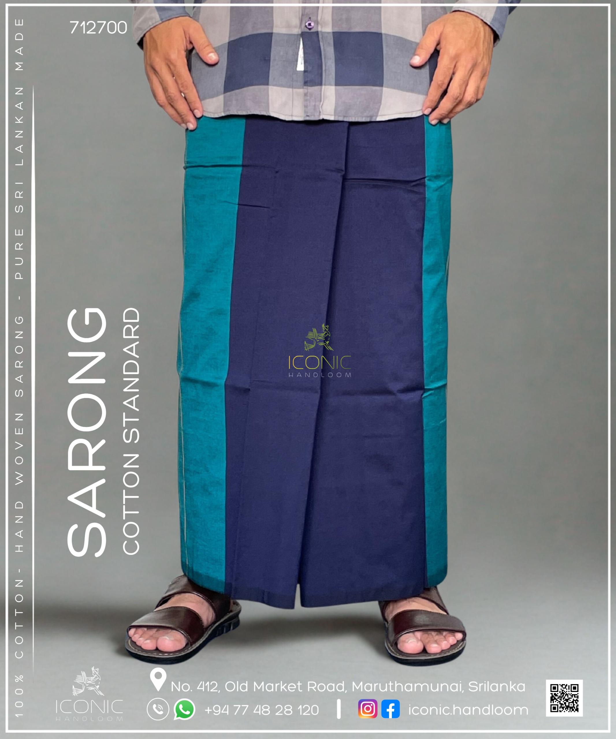 Handloom Cotton Sarong -  Silver & Golden Yellow stripes with Dark Grey, Peacock Green, Dark Blue & Black