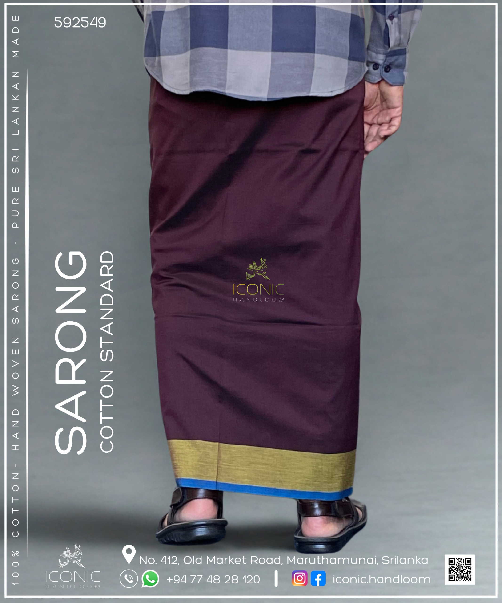 Handloom Cotton Sarong - Burgundy with Lime Yellow & Teal Blue 592549
