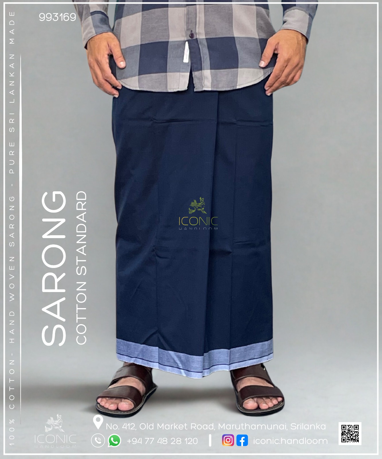Handloom Cotton Sarong - Dark Blue with Light Grey border 993169