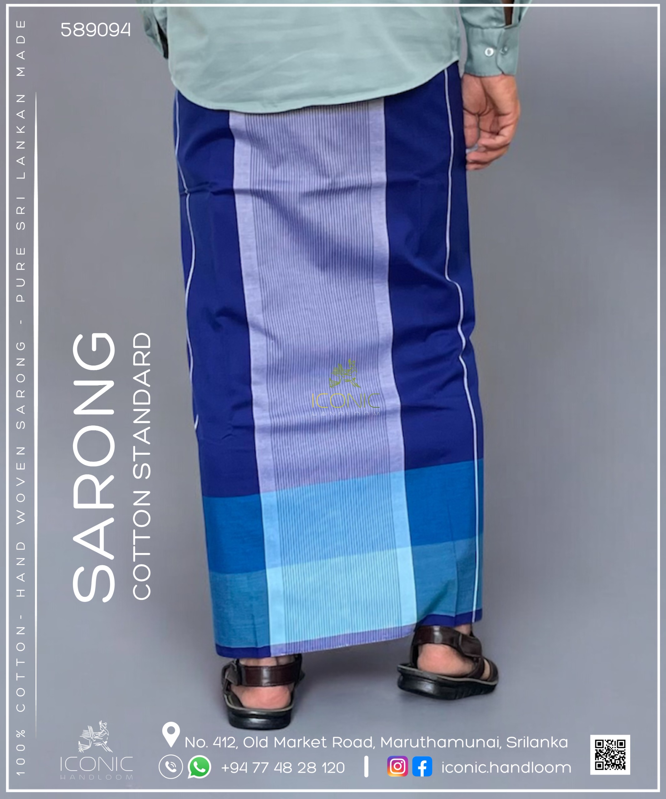 Handloom Cotton Sarong – Beige and Lavender with Royal Blue and White Striped Panel and Mint and Sky Blue Border 589094