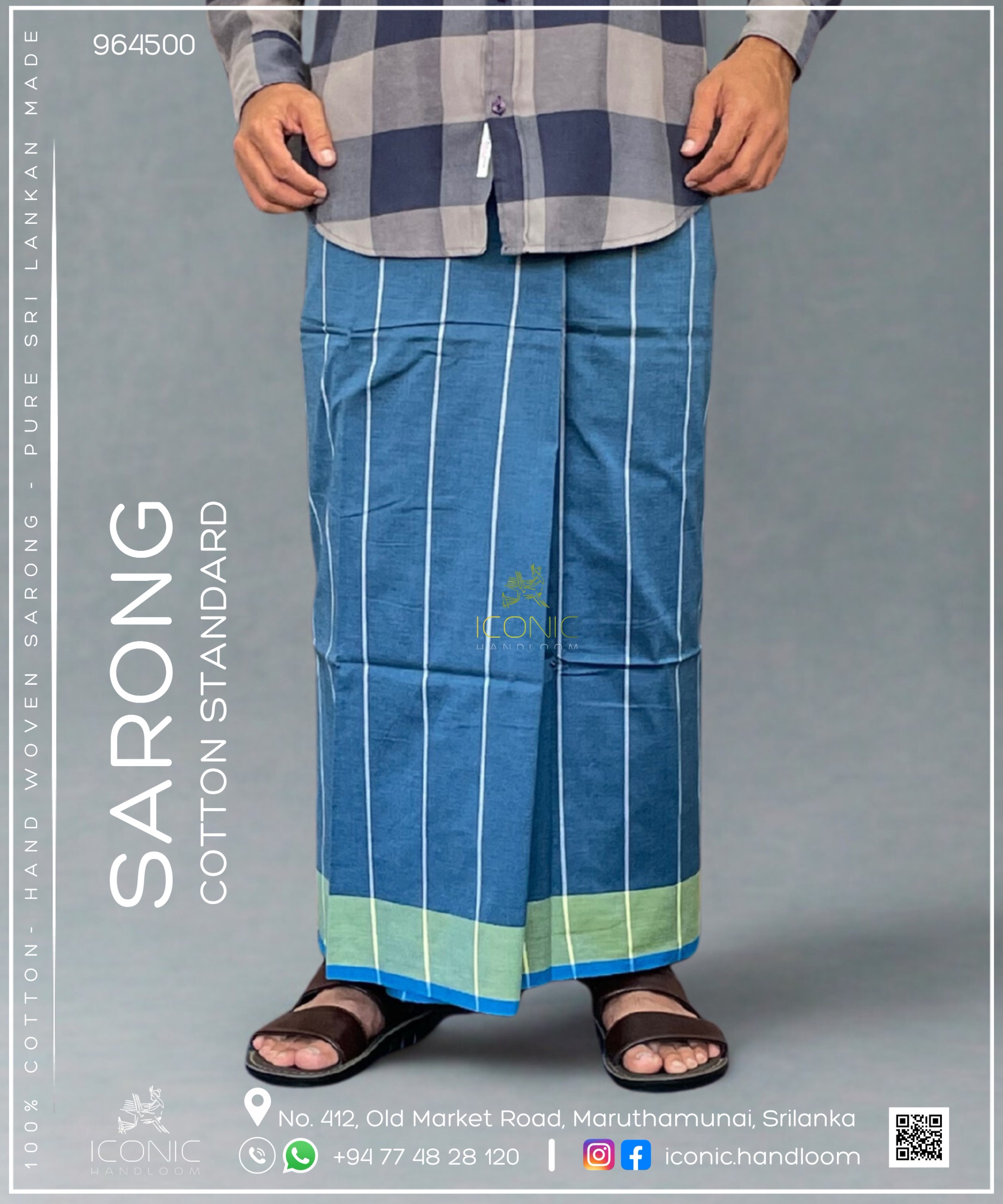 Handloom Cotton Sarong - Silver & Dark Coffee Brown with Lime Yellow & Teal Blue 964500