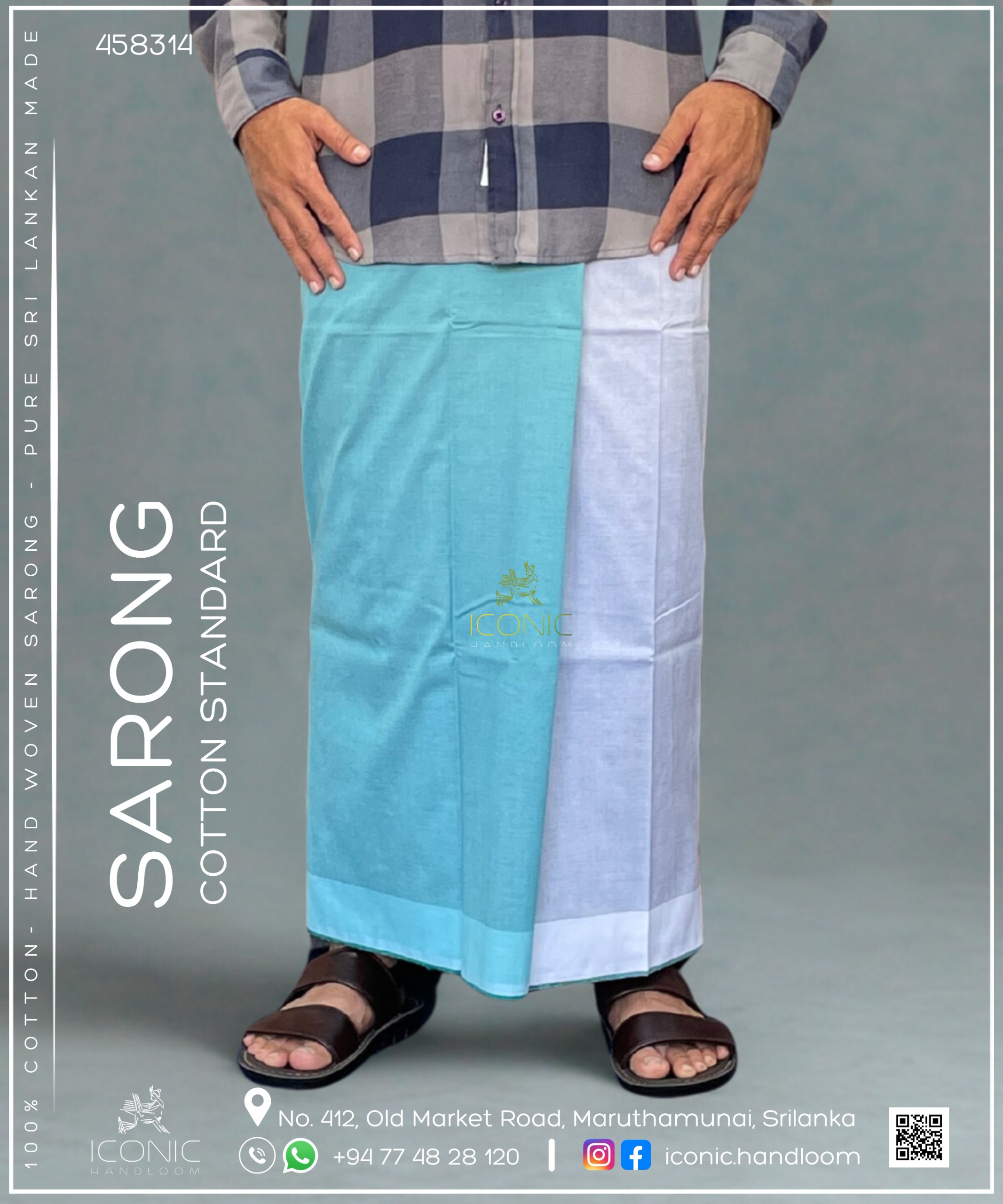 Handloom Cotton Sarong - Cyan, Light Grey & White with Teal Bottom Border 458314