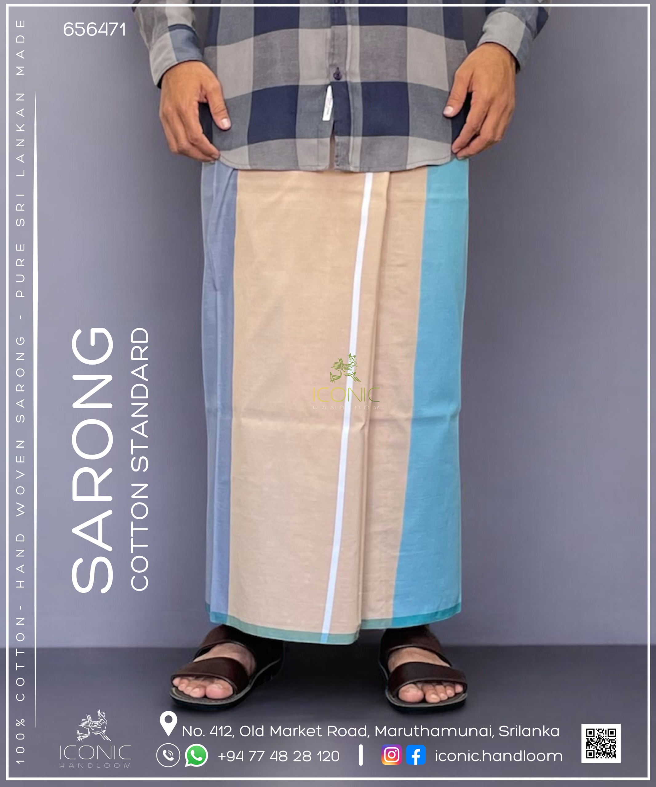 Handloom Cotton Sarong - White stripes in Cyan, Grey & Beige with Cyan bottom border