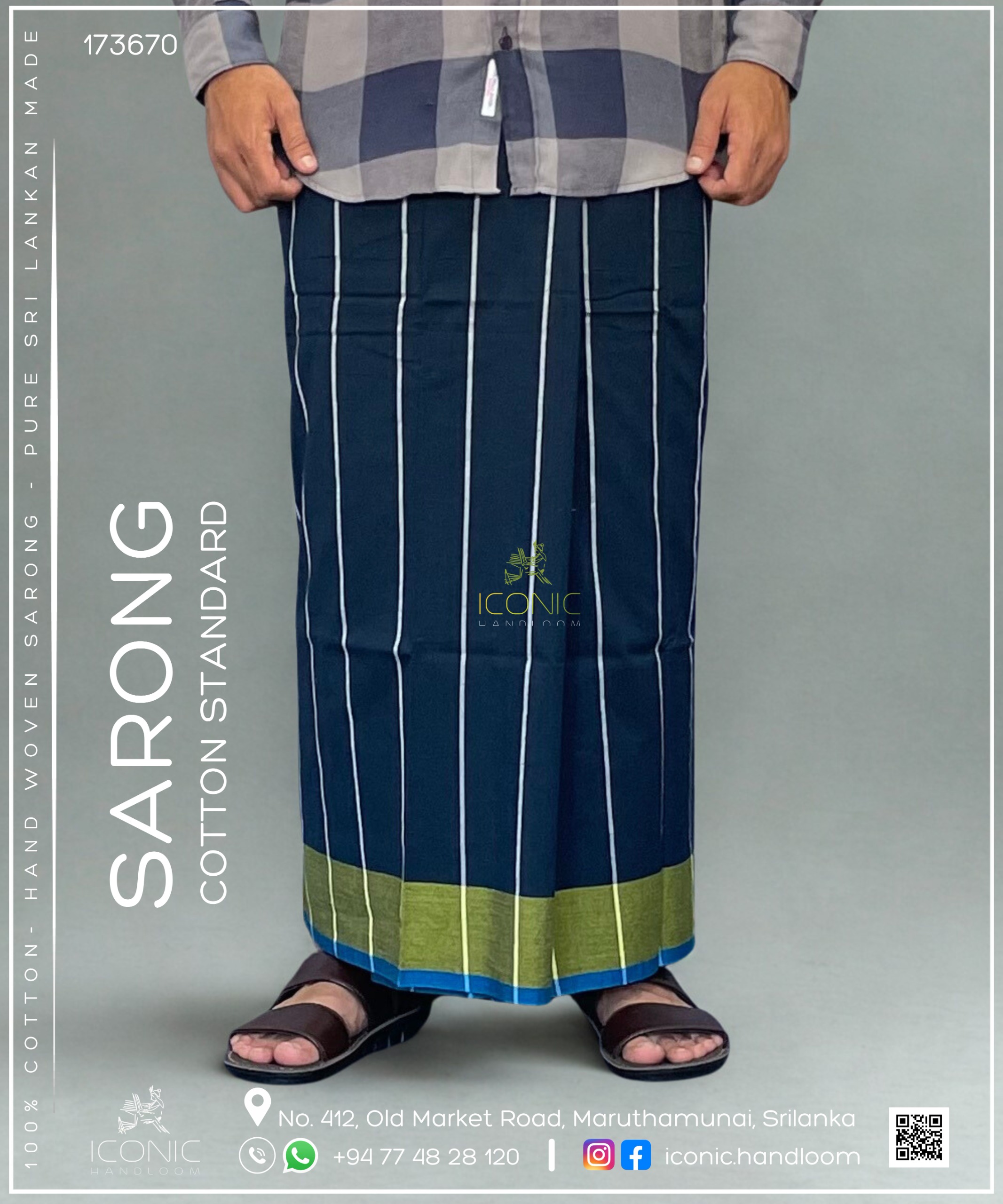 Handloom Cotton Sarong - Silver stripes in Bluish Green with Lime Yellow & Teal Blue 173670