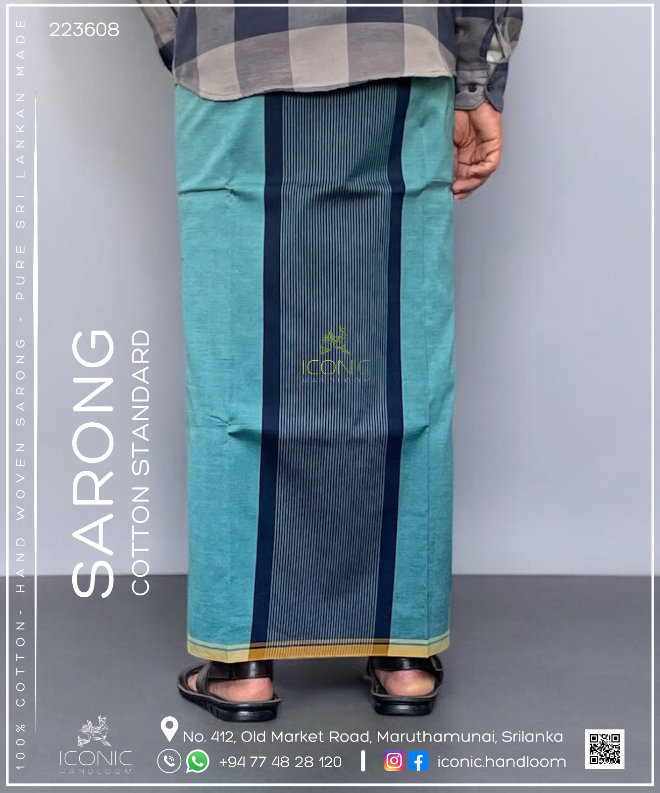 Handloom Cotton Sarong – Teal with Navy Blue Pinstriped Panel and Golden Yellow Accent Stripe 223608