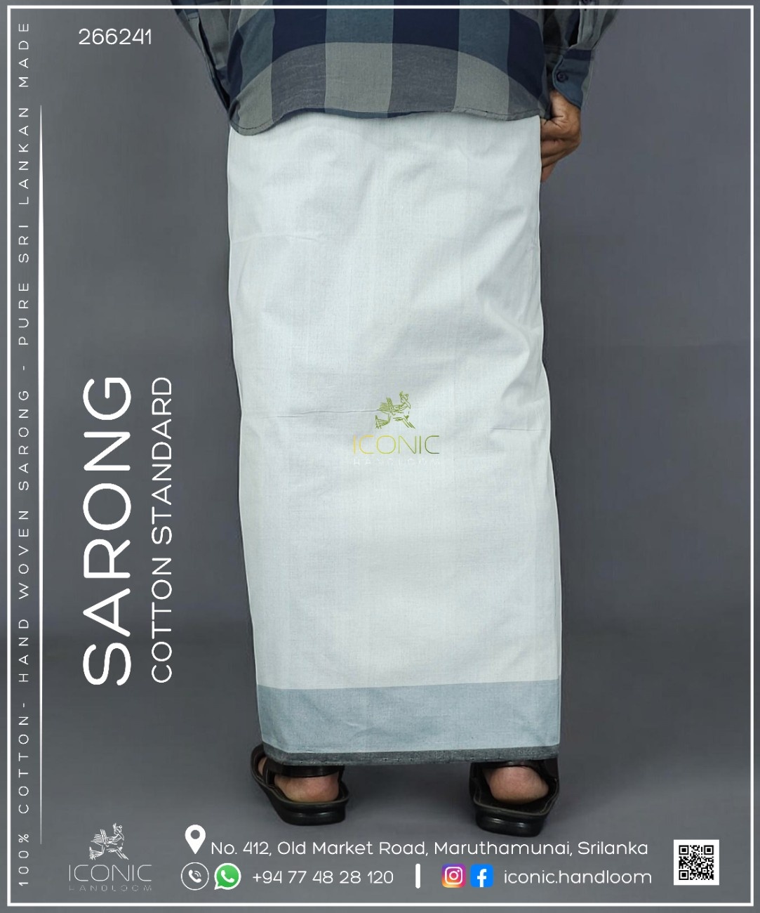 Handloom Cotton Sarong - White with Grey Bottom Border - ICS 266241