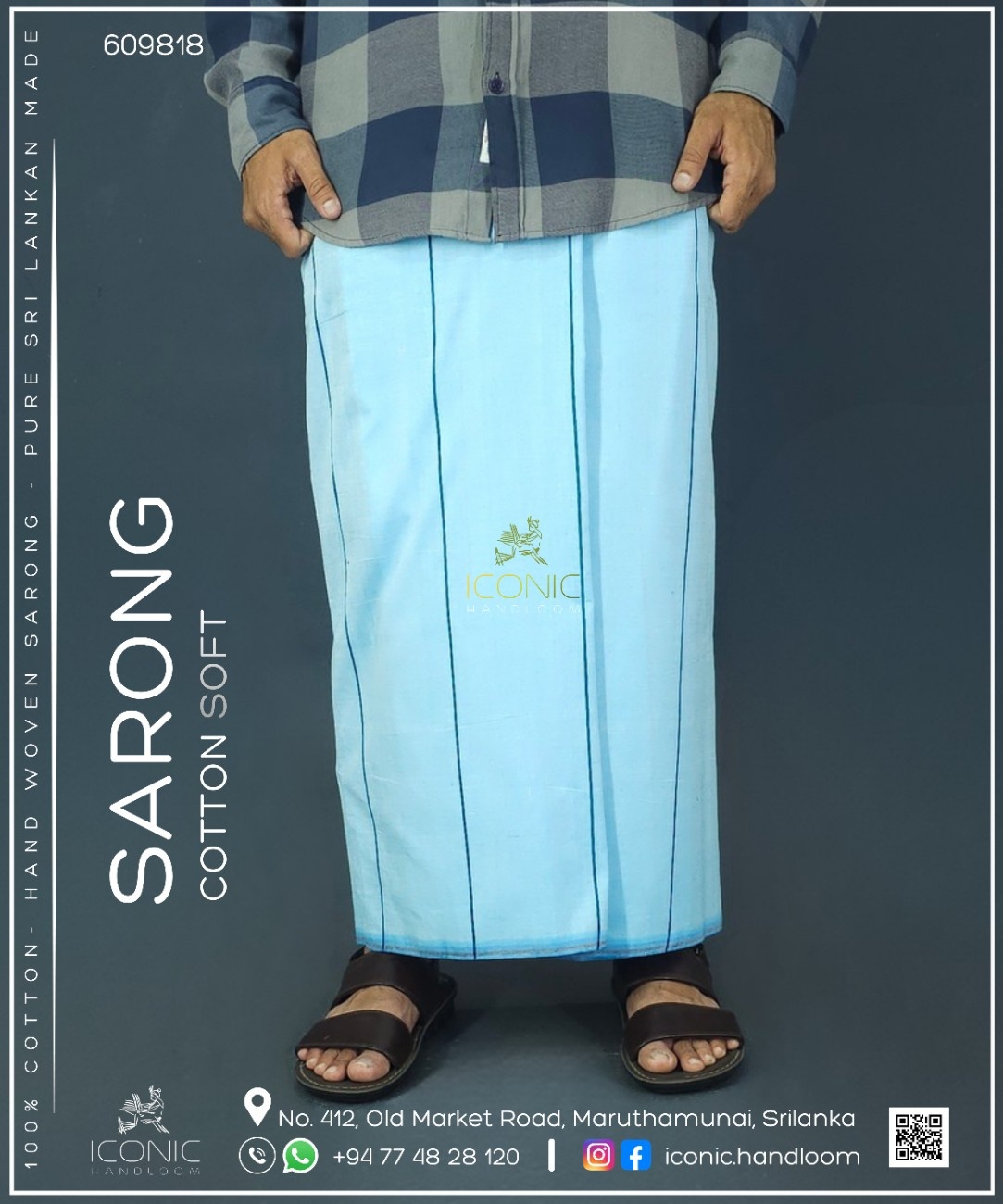 Handloom Cotton Sarong - Light Blue with Dark Blue Stripes - ICS 609818