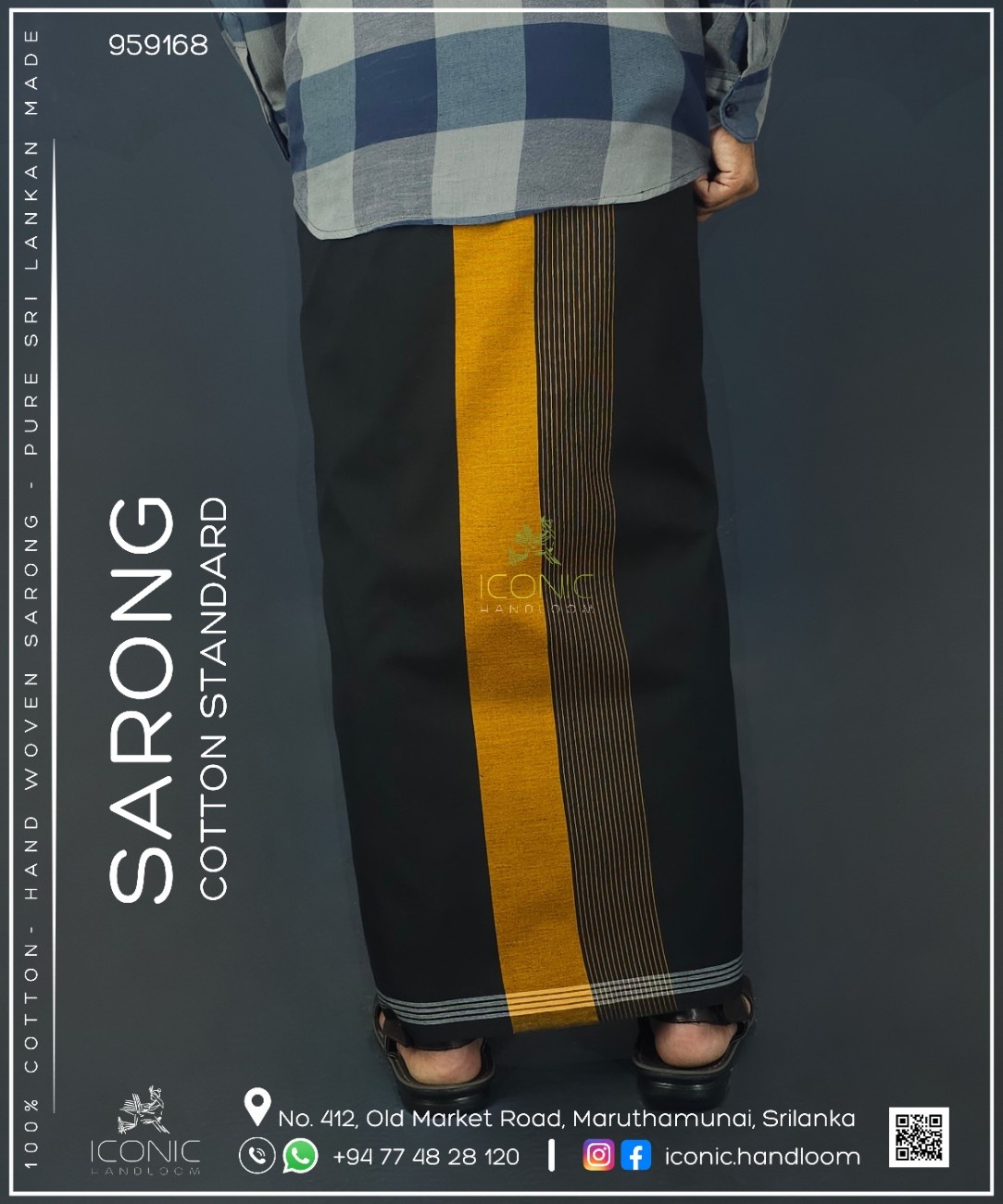 Handloom Cotton Sarong -  Black and Golden Yellow with Silver Bottom Border - ICS 959168