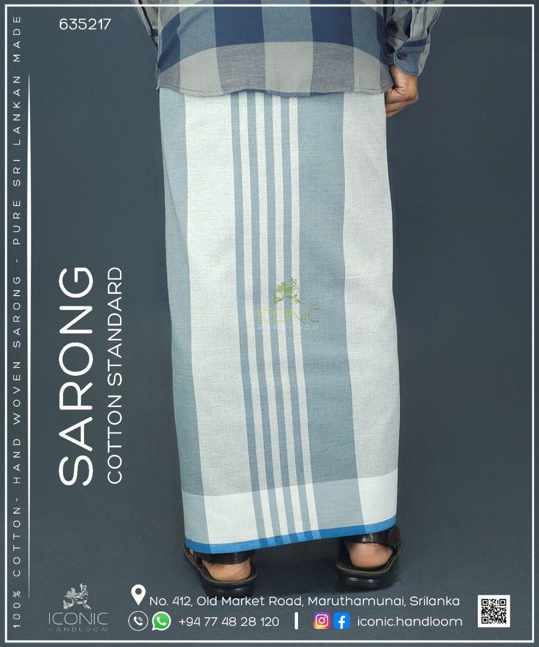 Handloom Cotton Sarong -Charcoal Grey and Slate with Teal - ICS 635217