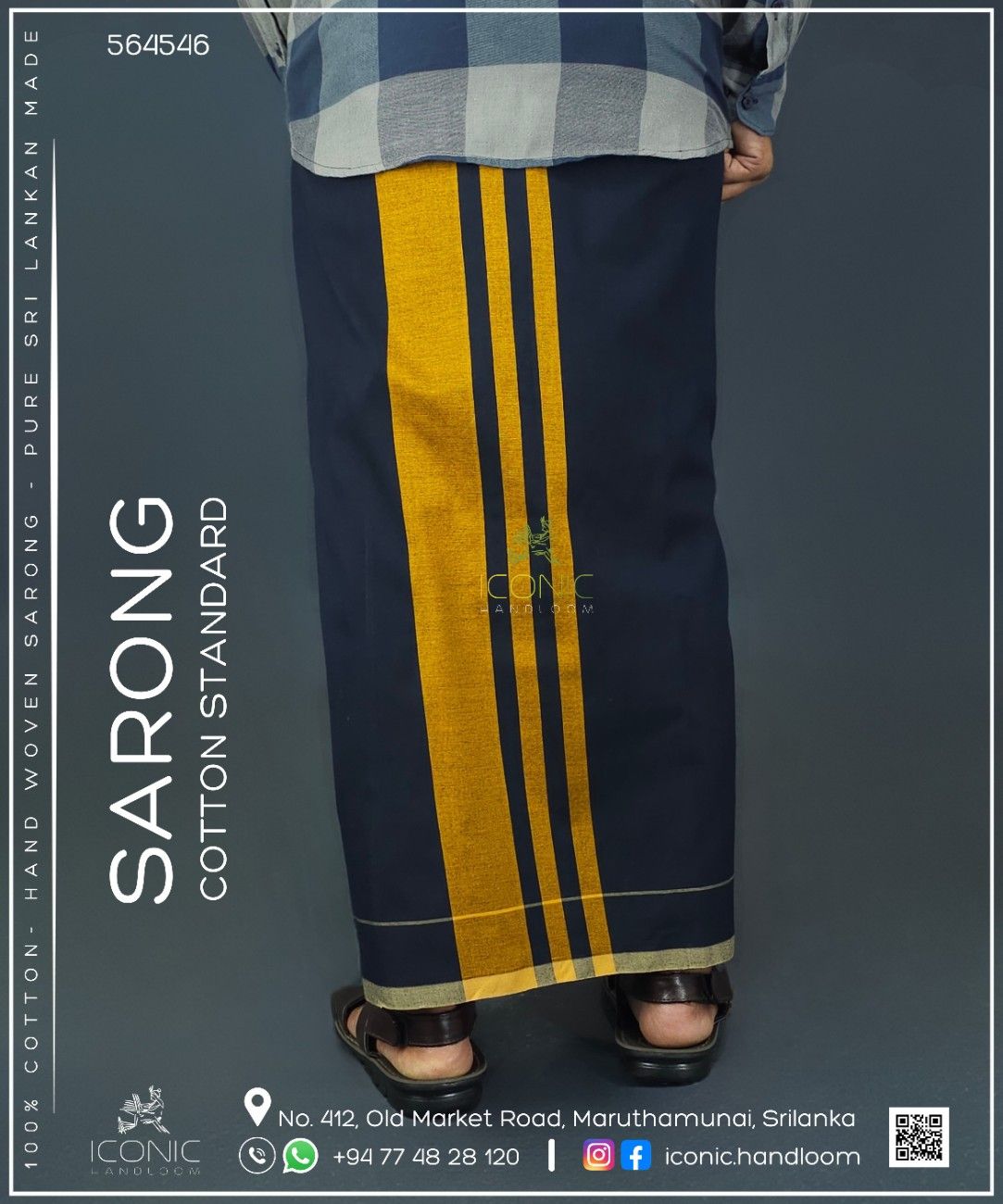 Handloom Cotton Sarong -Dark Navy Blue and Golden Yellow with Cream - ICS 564546