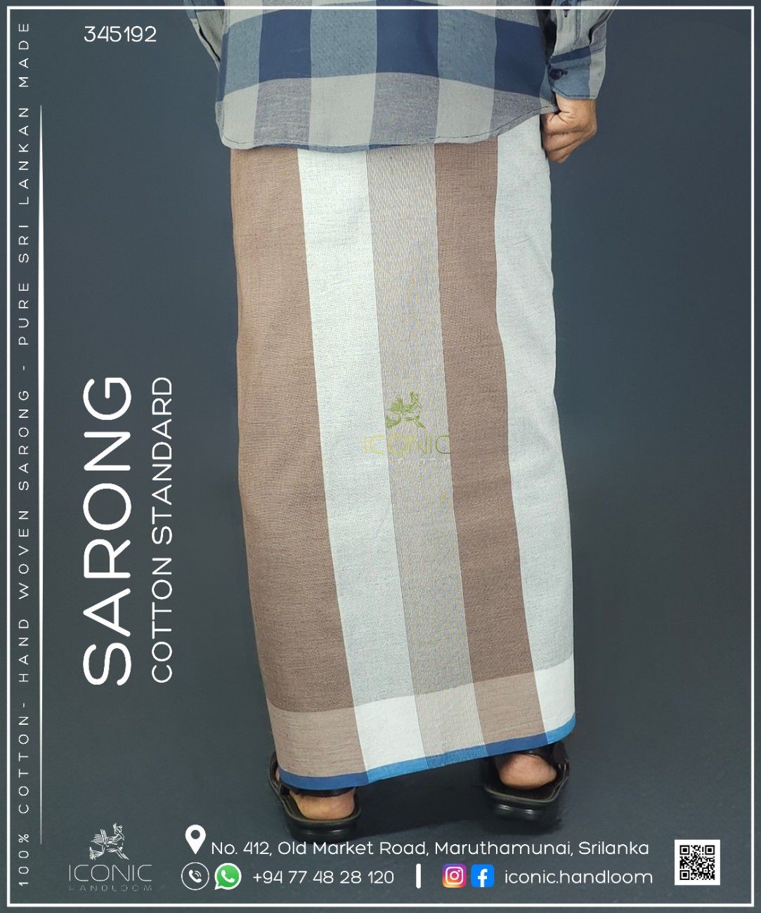 Handloom Cotton Sarong - Light Brown and Charcoal Grey with Teal - ICS 345192