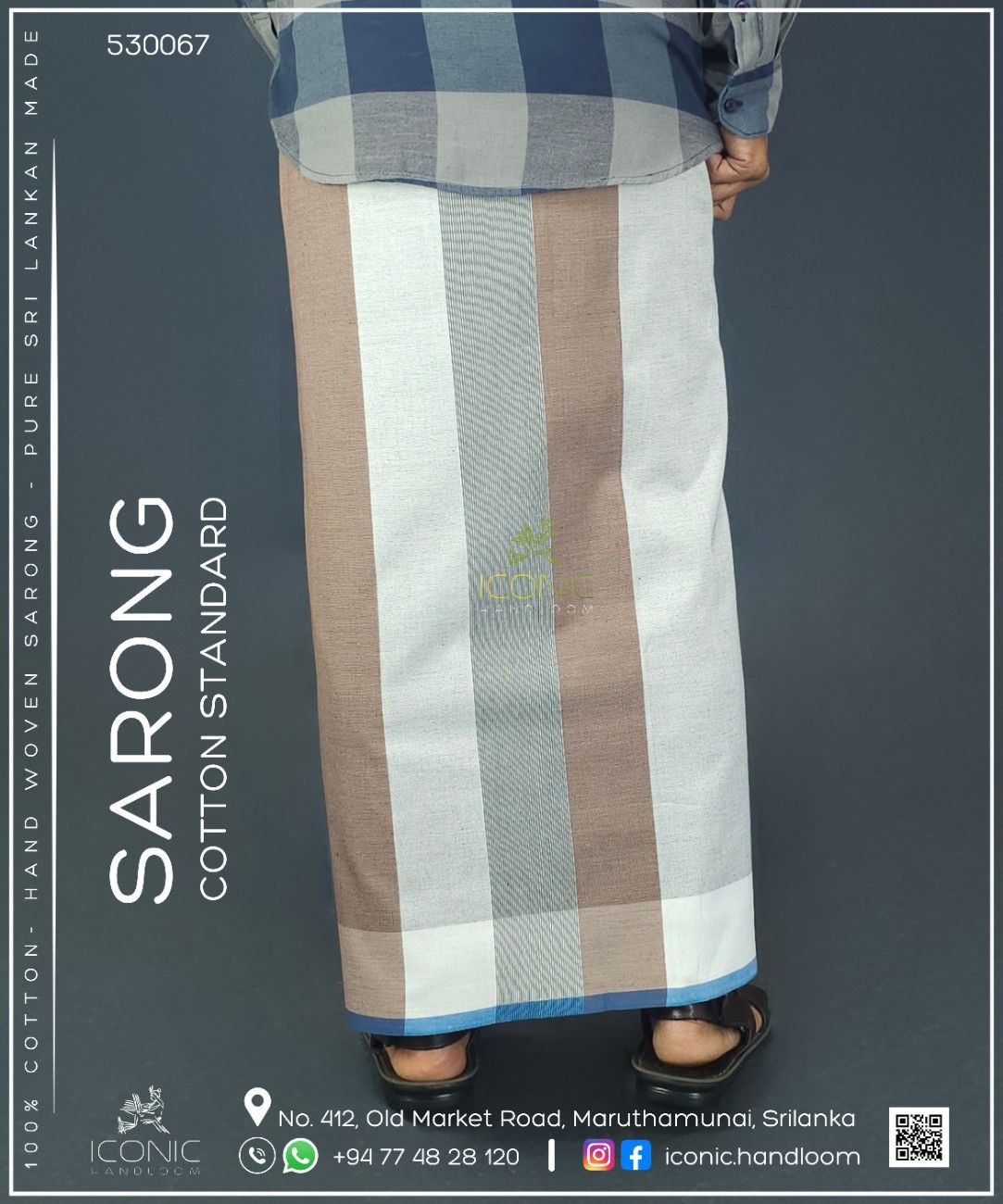 Handloom Cotton Sarong - Light Brown, Black and Charcoal Grey with Teal - ICS 530067