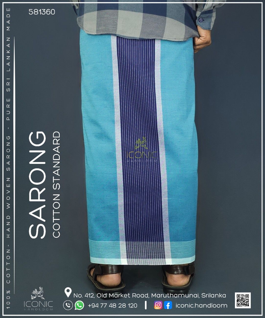 Handloom Cotton Sarong - Turquoise Blue and Light Lavender with Deep Royal Blue  -  ICS 581360