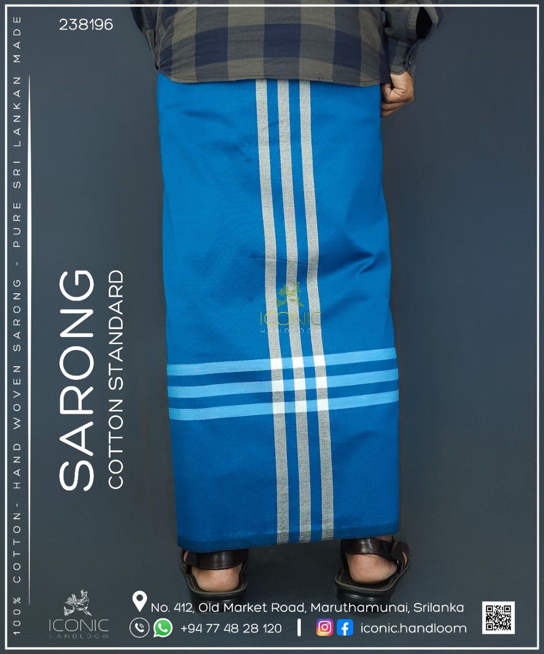 Handloom Cotton Sarong - Peacock Blue with Silver  -  ICS 238196