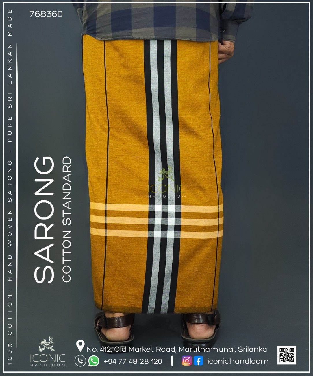 Handloom Cotton Sarong - Dark Brown, Peacock Blue, Golden Yellow and Black with Silver  -  ICS 768360