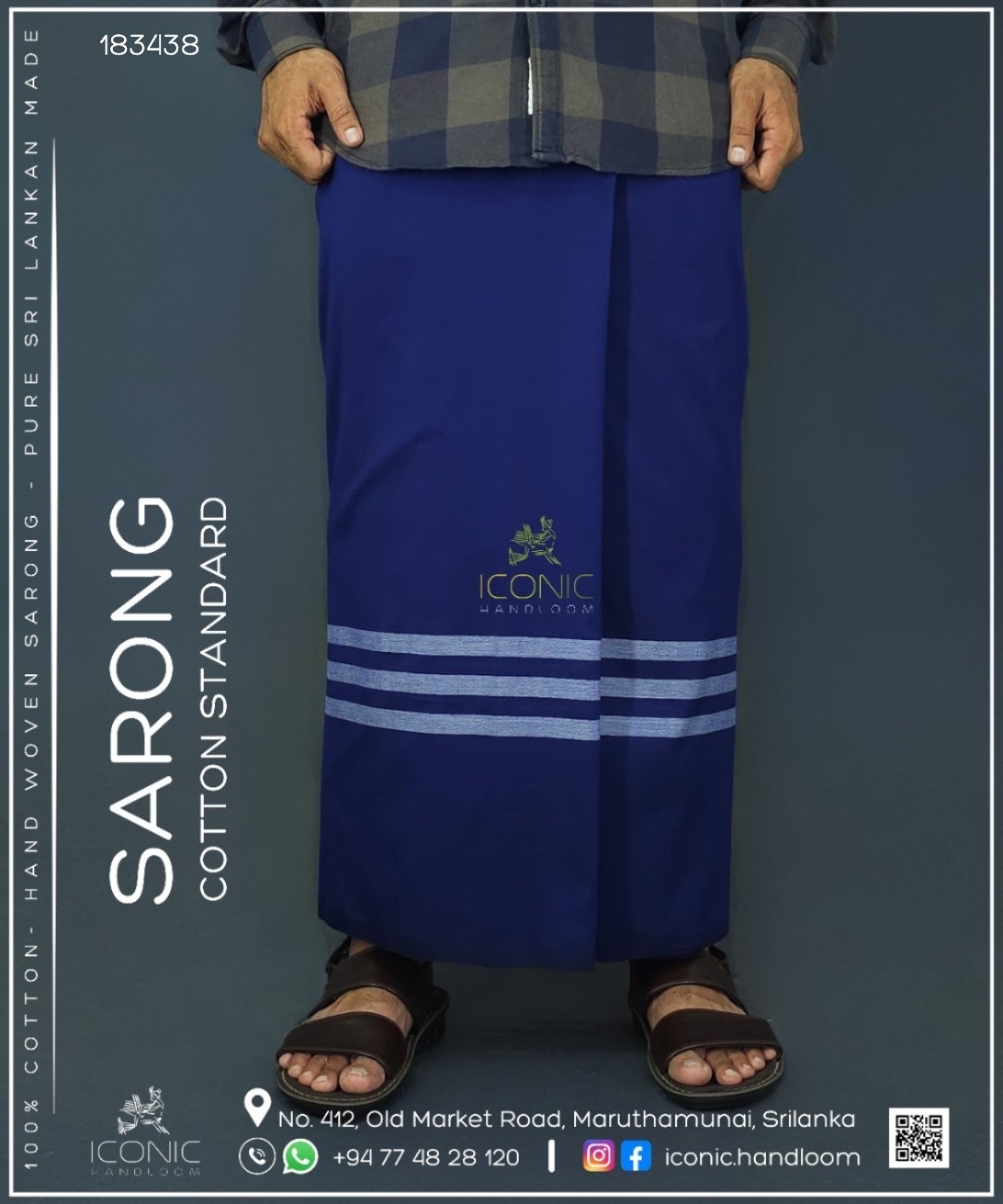 Handloom Cotton Sarong - Deep Royal Blue with Silver  -  ICS 183438