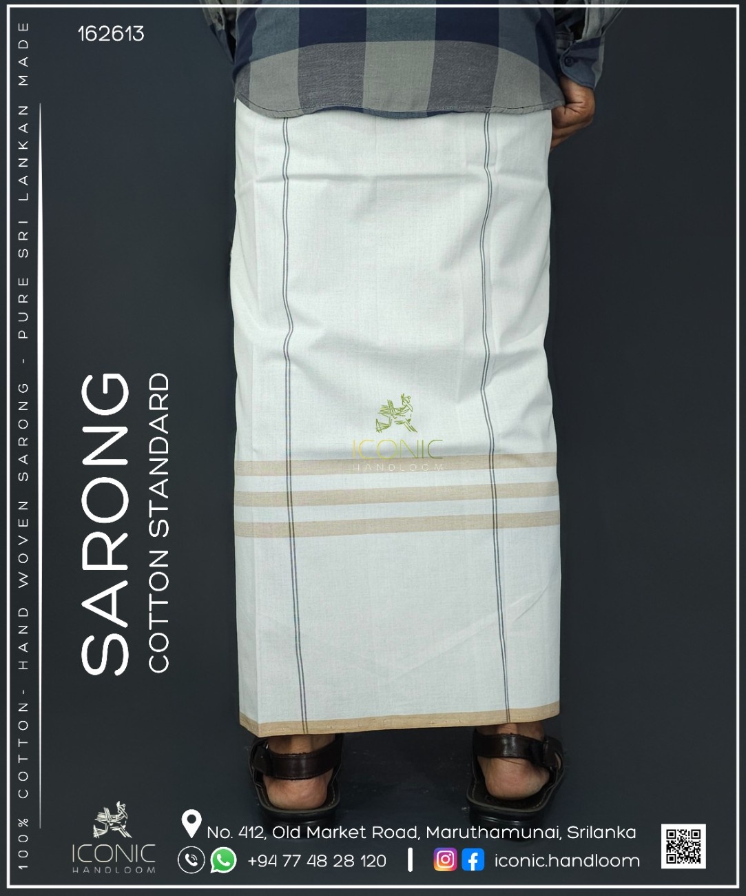 Handloom Cotton Sarong - White and Light Grey with Beige  -  ICS 162613