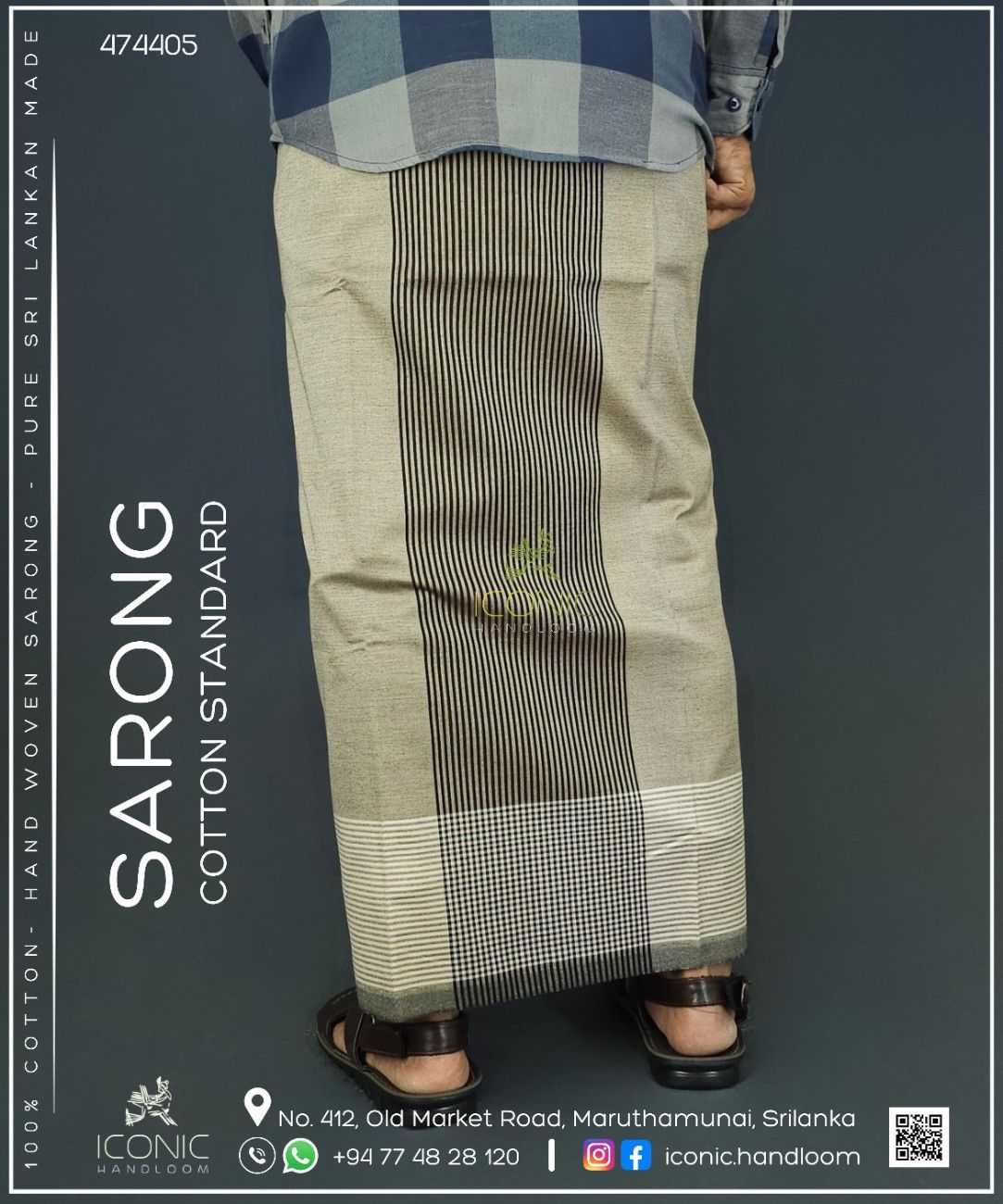Handloom Cotton Sarong – Beige and Black with Horizontal Stripes  -  ICS - 474405
