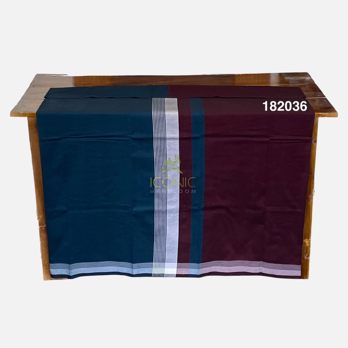 Handloom Cotton Sarong - Deep Teal, Silver and Burgundy with Off White Bottom Border -  ICS 182036