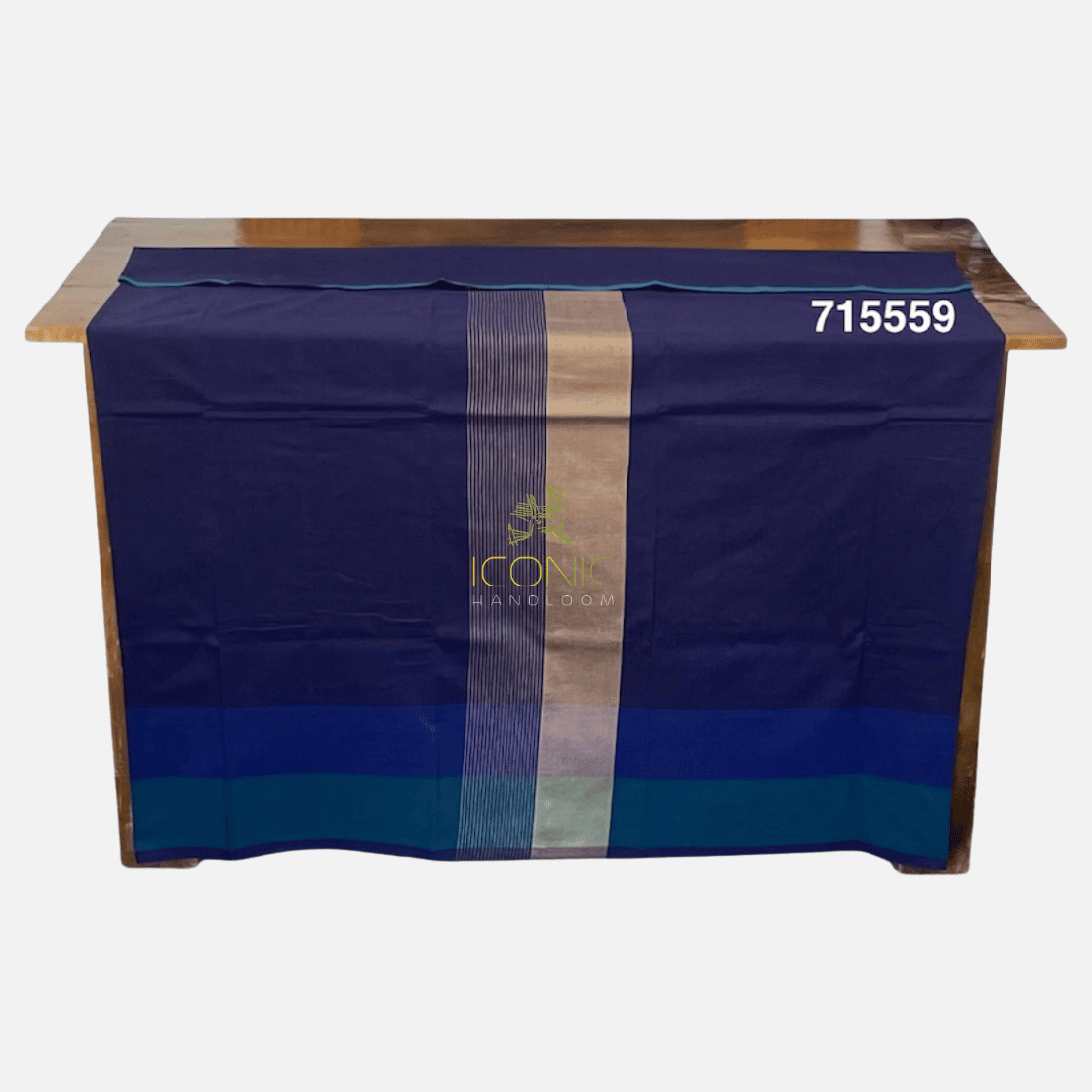 Handloom Cotton Sarong - Dark Blue with Beige  -  ICS 715559