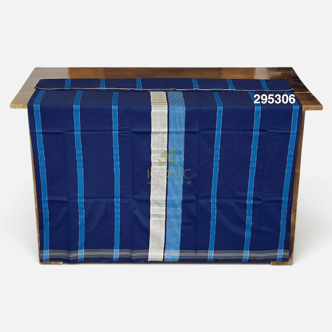 Handloom Cotton Puni Sarong - Deep Royal Blue, Peacock Blue and Beige with Multi Color Bottom Border - ICS 295306