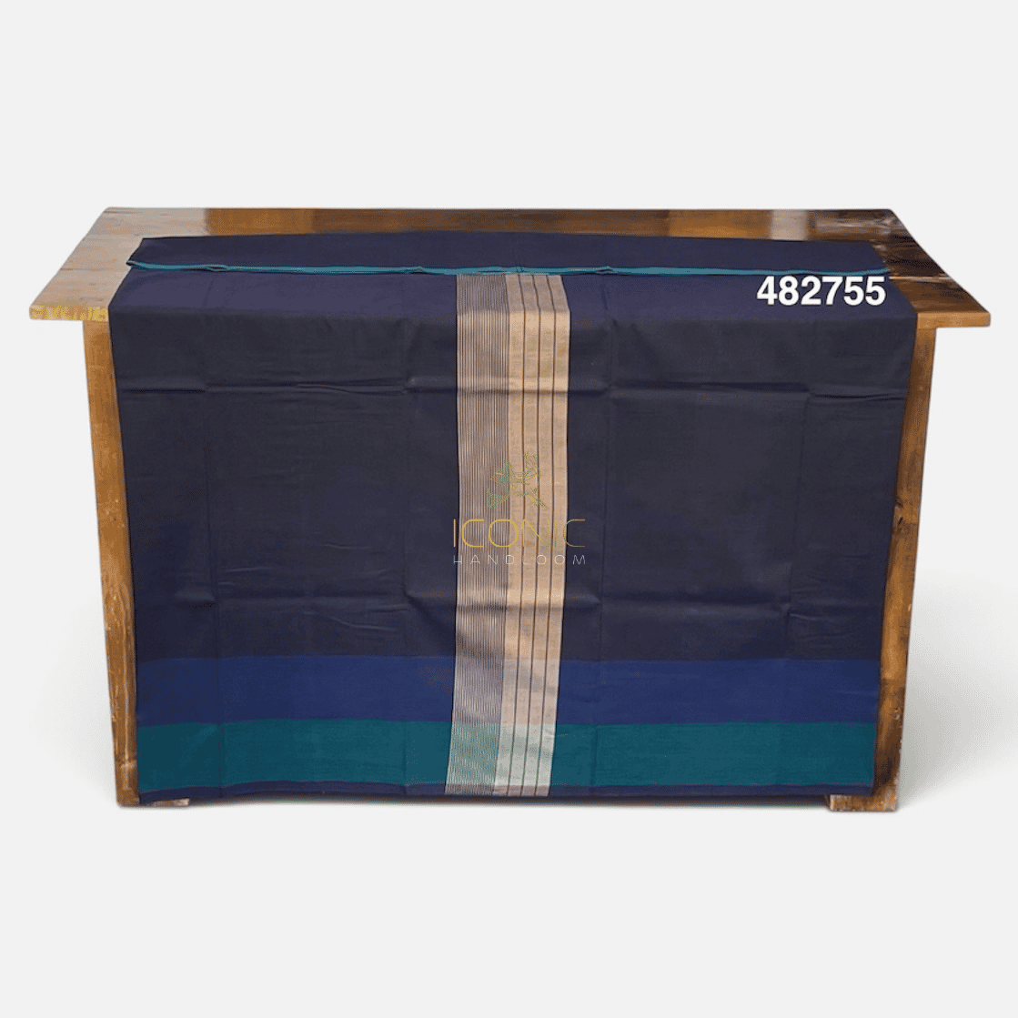 Handloom Cotton Sarong - Steel Blue with Beige  -  ICS 482755
