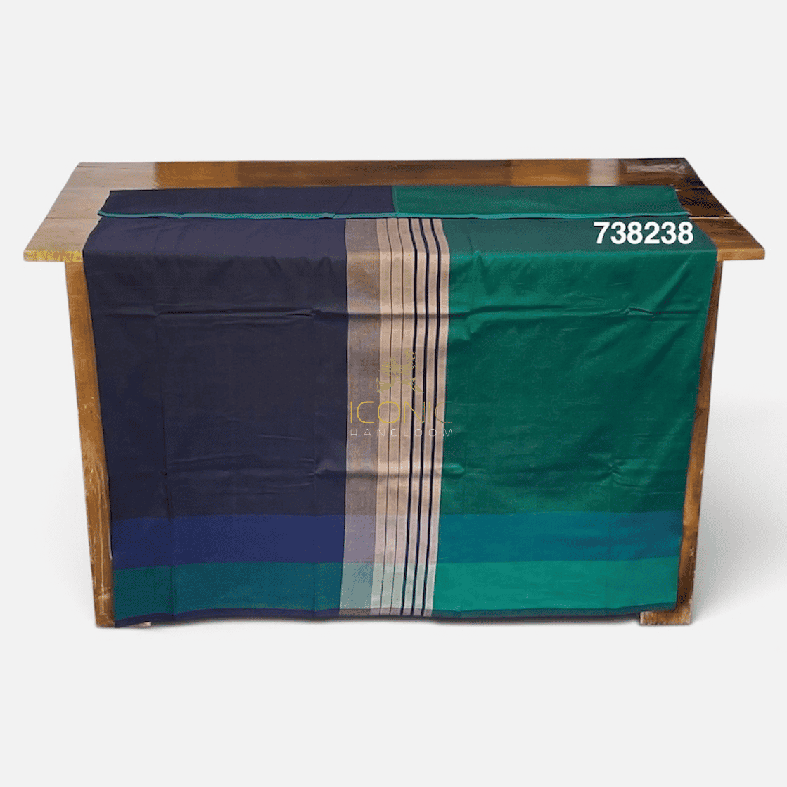 Handloom Cotton Sarong - Steel Blue and Beige with Peacock Green  -  ICS 738238
